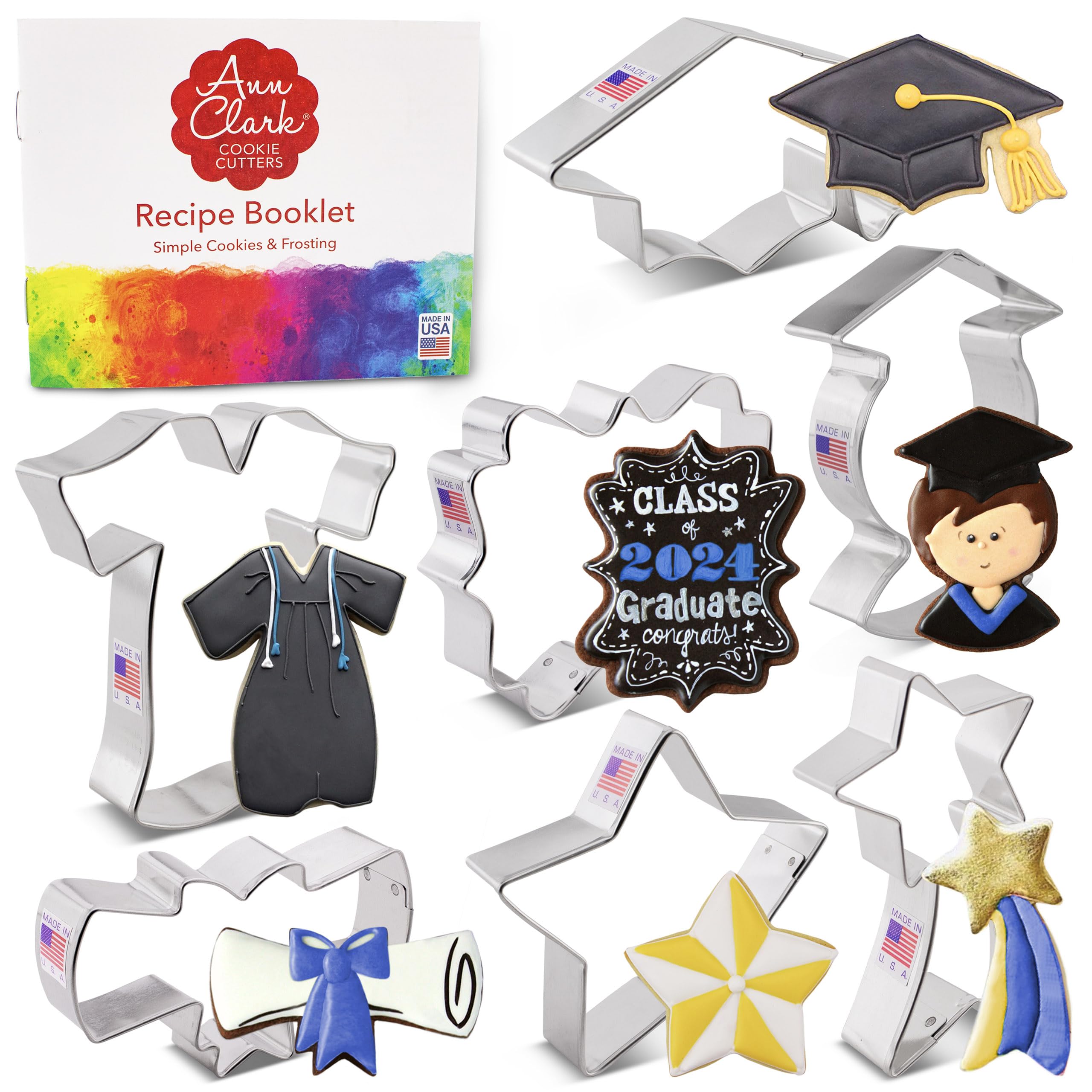 Graduation Cookie Cutters 7-Pc. Set Made In Usa By Ann Clark, Graduation Cap, Gown, Diploma, Graduate, Star, And More