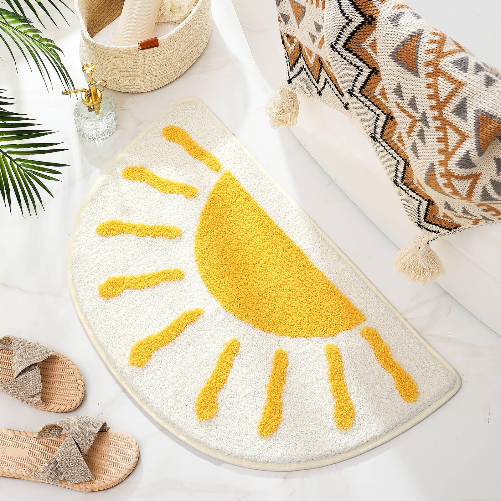 Bathroom Rugs Mat Half Circle - Cute Sun Fun White Yellow Boho Bath Mats Non Slip, Soft Absorbent Microfiber Bohemian Rug, Semi