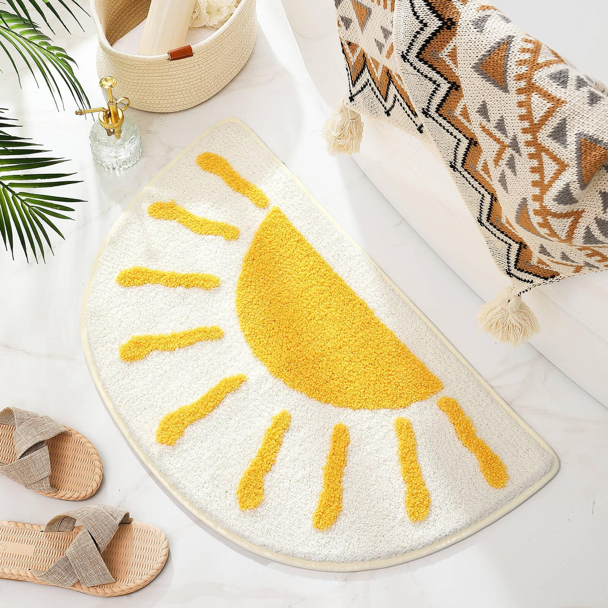 Bathroom Rugs Mat Half Circle - Cute Sun Fun White Yellow Boho Bath Mats Non Slip, Soft Absorbent Microfiber Bohemian Rug, Semi