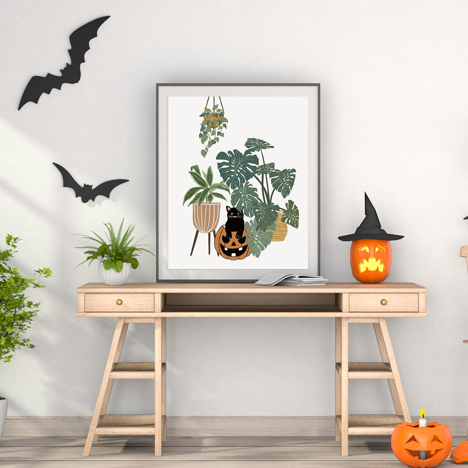 Whaline 12Pcs Halloween Wall Art Prints 11X14 Inch Boho Skeleton Ghost Black Cat Art Poster Decor Halloween Art Prints For Hallo