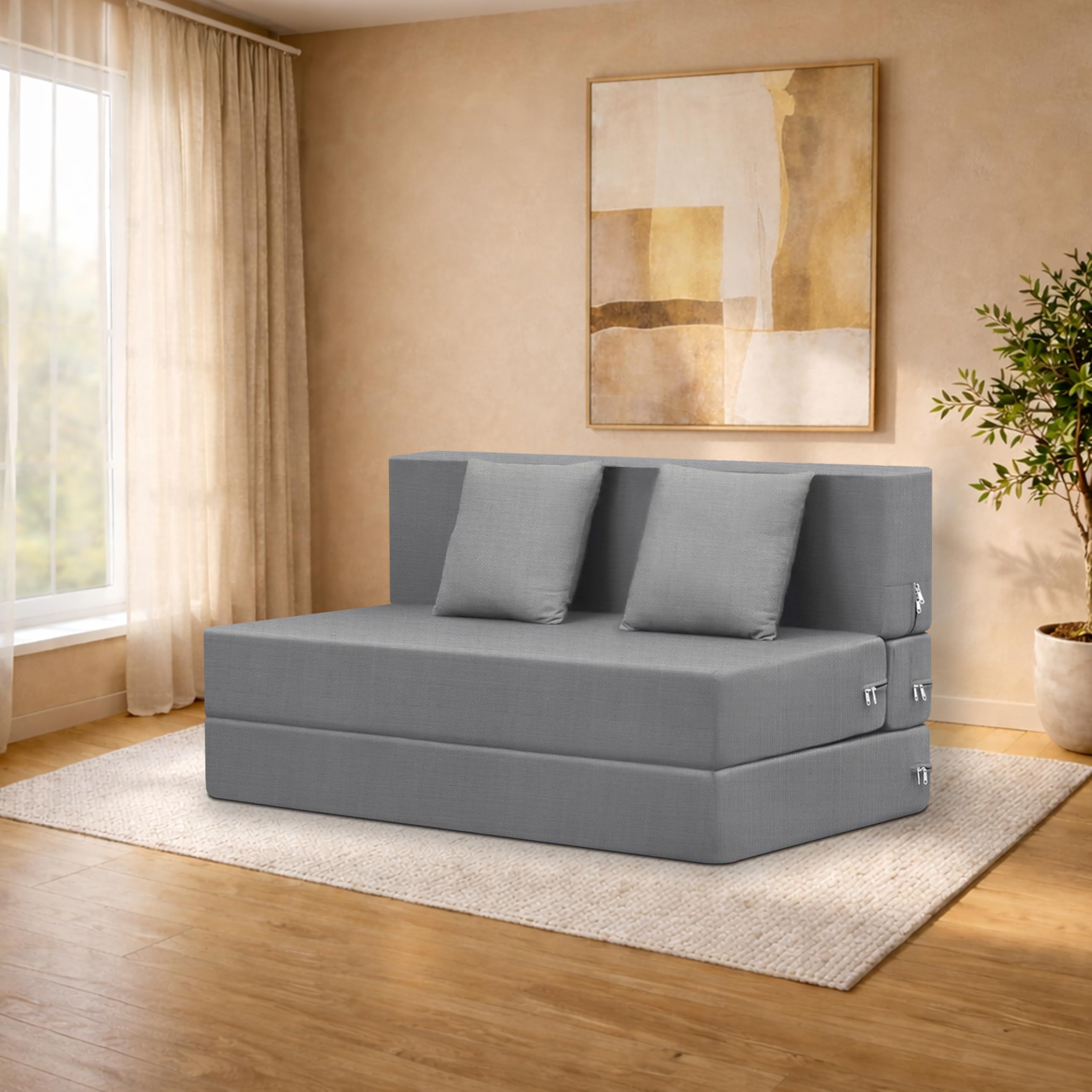 Deco Studio TwoSeater Sofa Cum Bed Foldable Sofa Cum Bed Washable & Zipper |Jute Finish Fabric  Grey | 4 X 6 Feet
