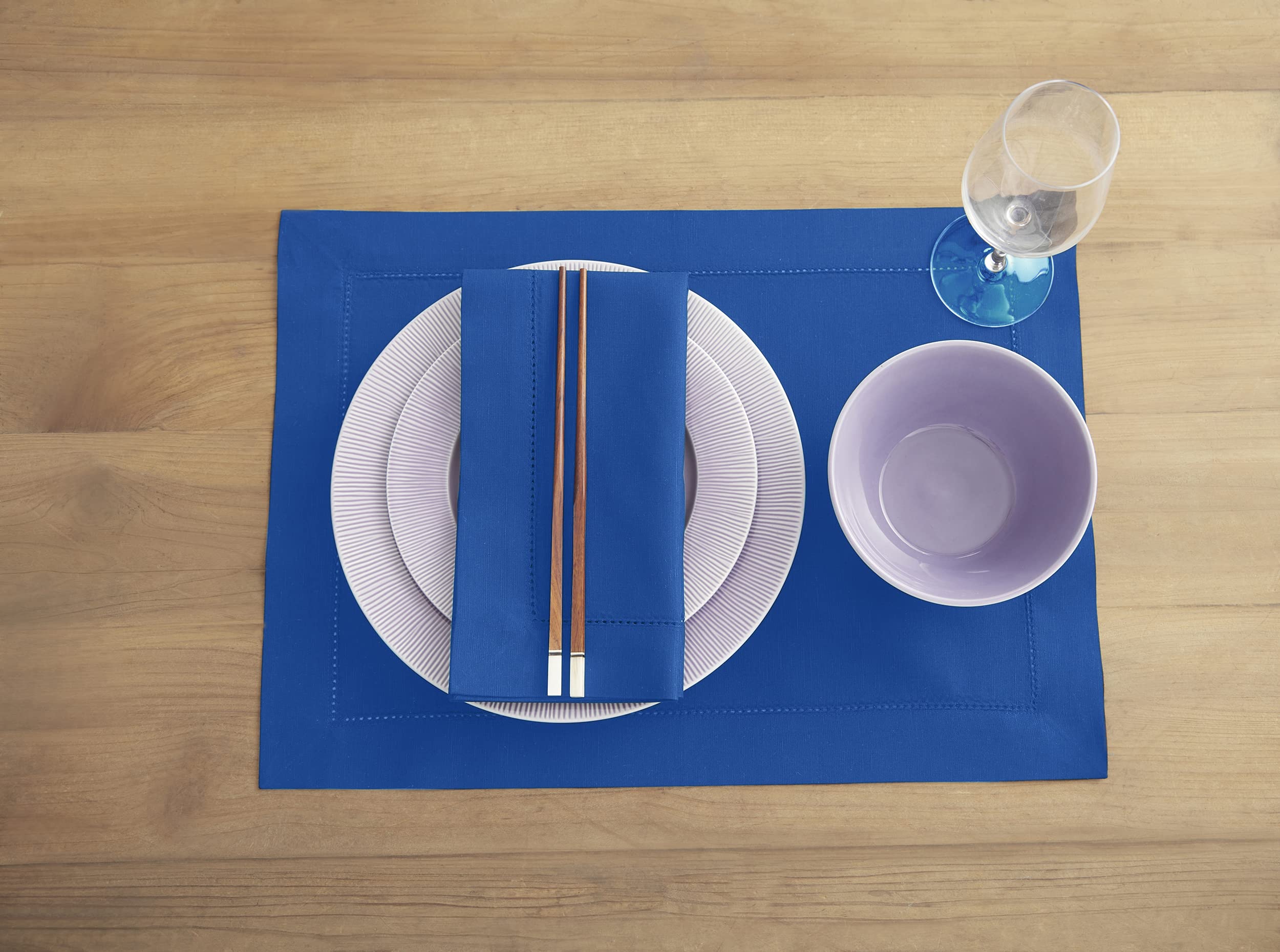 Solino Home Placemats 19'' L X 14'' W Inch - Cotton Linen Hemstitch Blue Cloth Placemats Set Of 4 - Washable Fabric Place Mats F