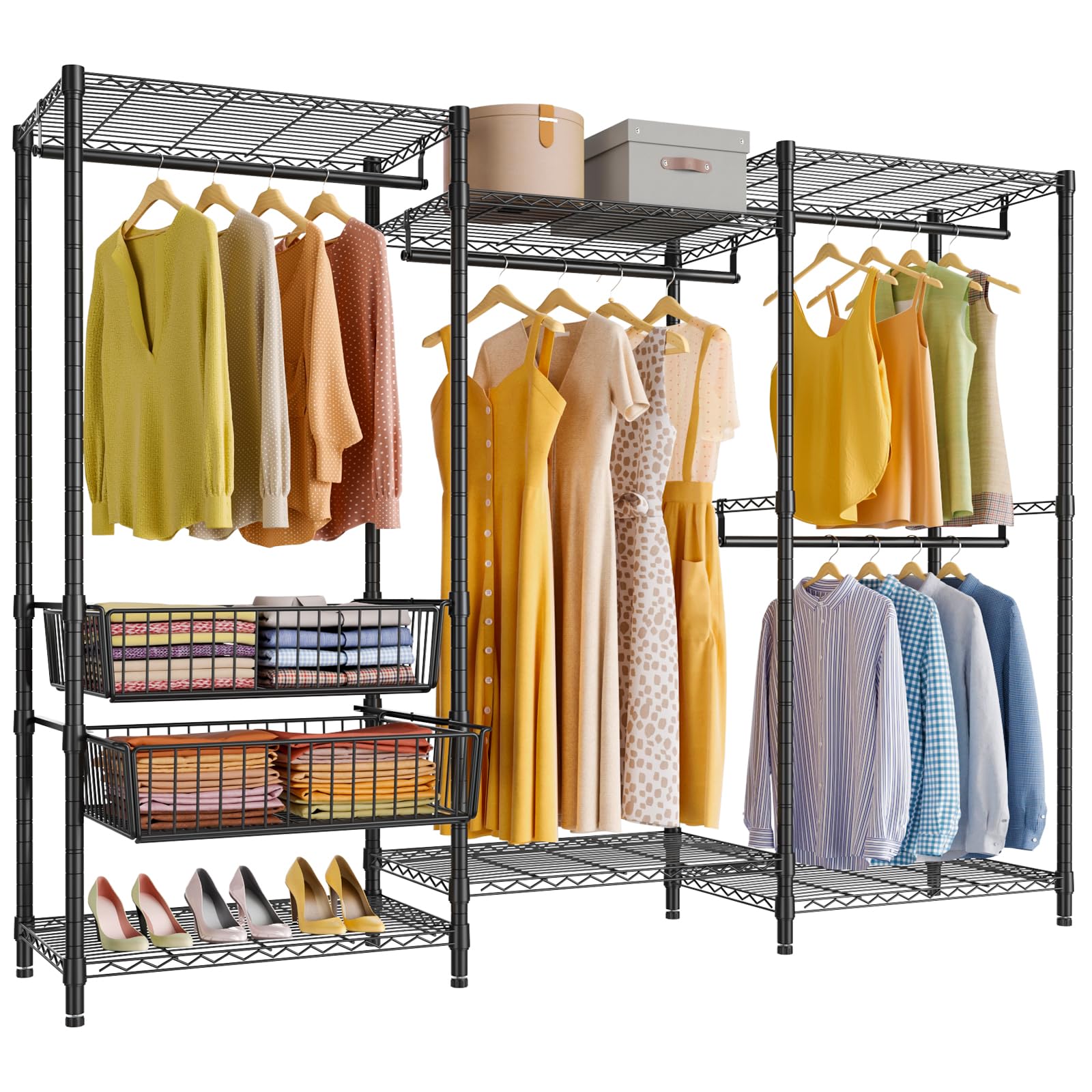VIPEK V10 Medium Wire Garment Rack Heavy Duty Clothes Rack  Free Standing Closet Wardrobe Metal Clothing Rack with 2 Slid Baskets  68.9 '' L x 15.7 '' W x 76.4 '' H  Max Load 750lbs  Black