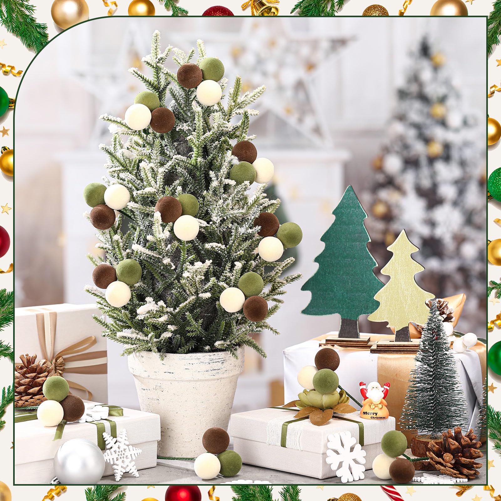 Syhood 12 Set 7.9 Inch Christmas Ball Ornaments on Wired Picks Shatterproof Xmas Brown Dark Green Beige Ball Picks for Christmas