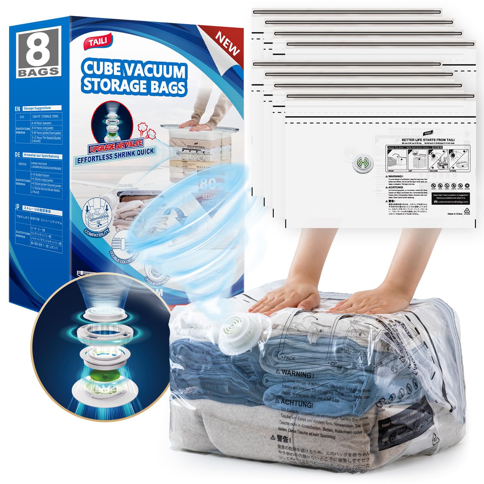 TAILI 8 Pack Cube Vacuum Storage Bags, Medium Size (25x19x11 inch), Vacuum Seal Bags for Clothing, Compression Packing for Cloth