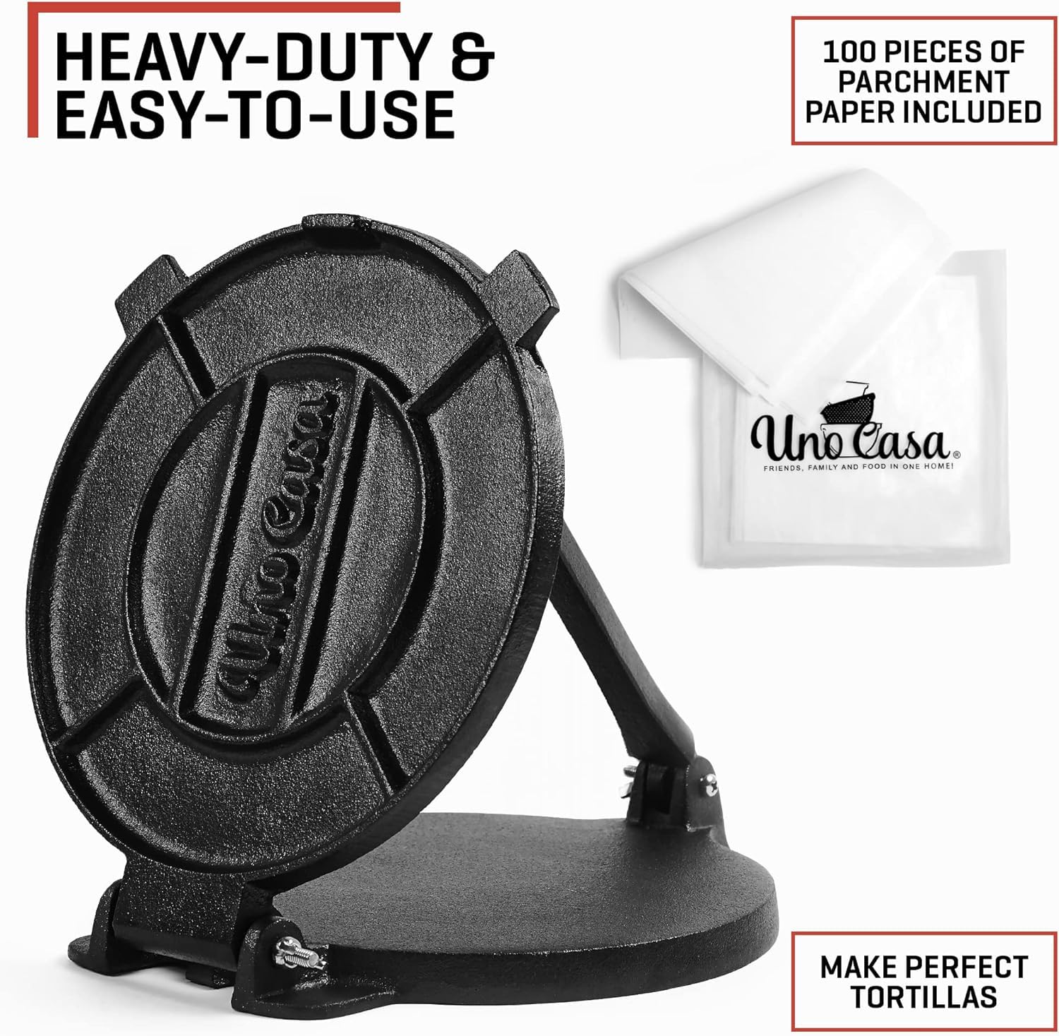 Uno Casa Cast Iron Tortilla Press 8 Inch - Tortilla Maker Press  Pre-Seasoned Roti Maker with 100 Pcs Parchment Paper  Heavy Duty Quesadilla Maker - Pataconera for Flour Tortilla  Tawa
