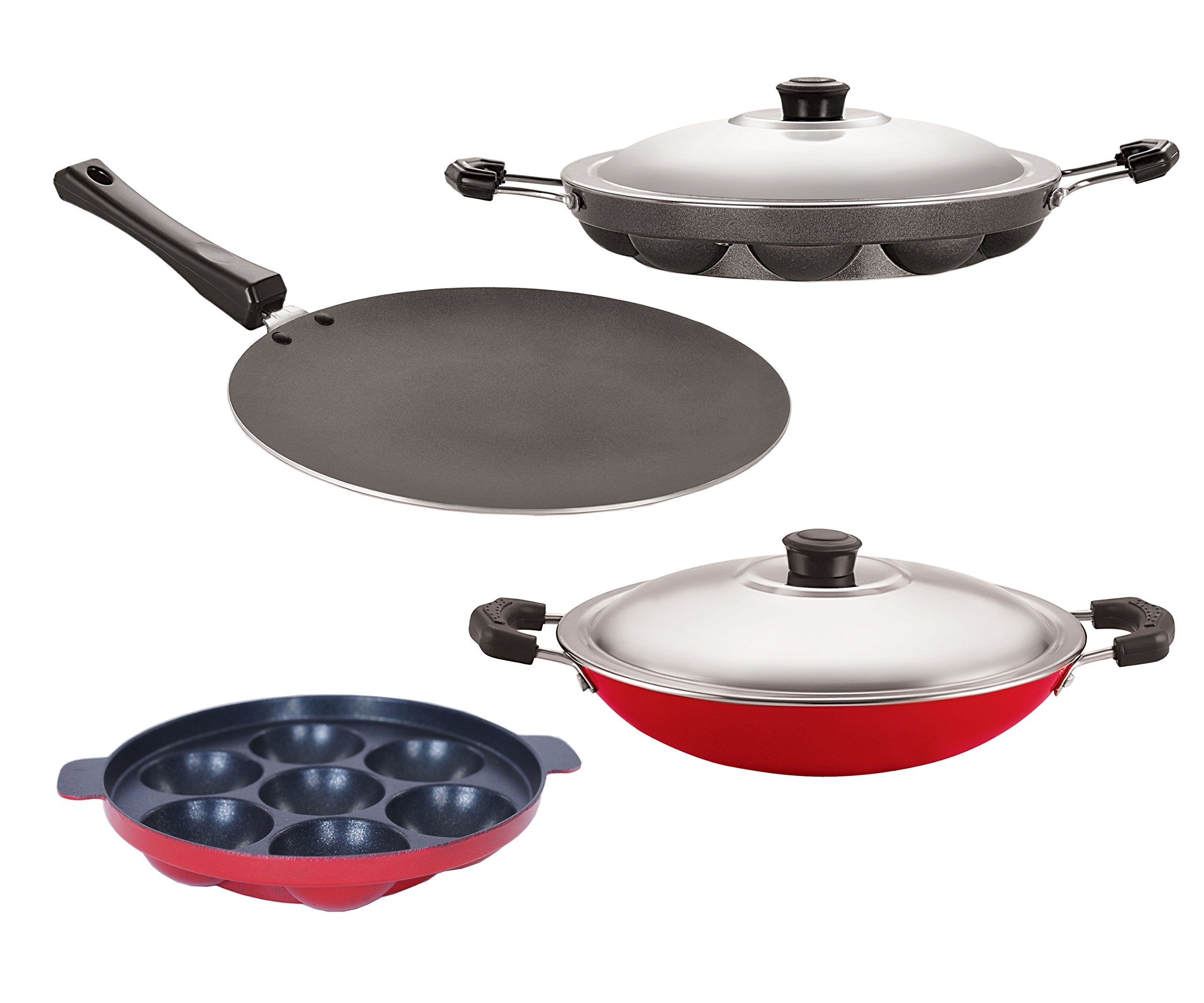 Nirlon Scratch Resistance 4 Piece NonStick Aluminium Kitchen Cooking Combo Essential Item Gift Set Ofer, Ct12_Ap(7)_Ap(12)_Ac