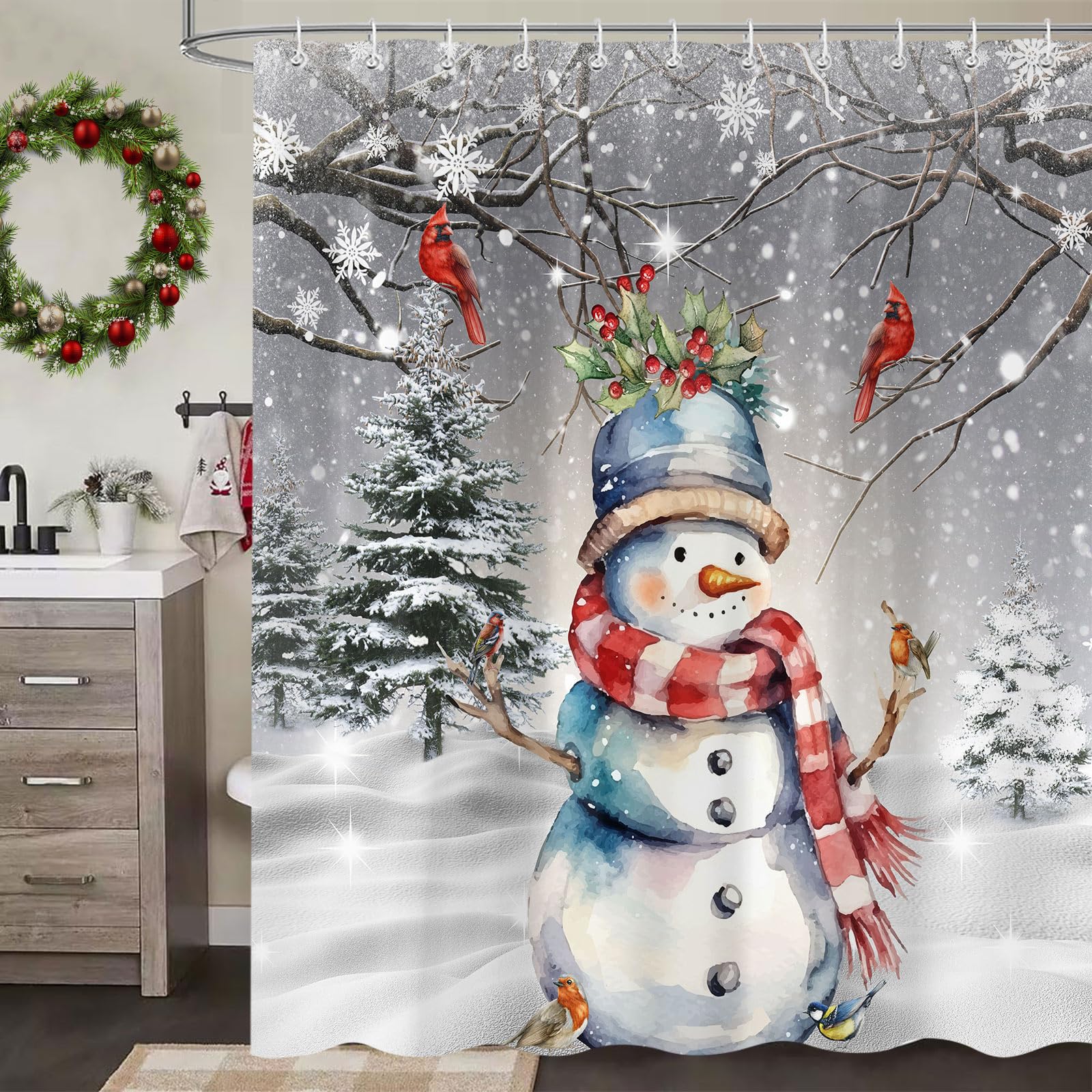 Merry Christmas Snowman Shower Curtain Sets, Watercolor Snowman And Cardinals Pine Tree Redbird Robin Snowflake Winter Holiday H