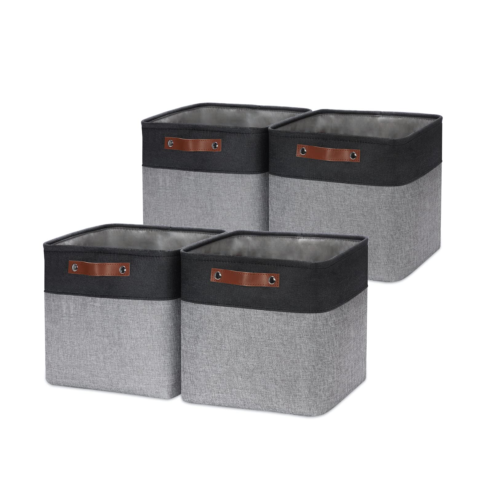 HNZIGE Decorative Storage Basket(4 Pack ) Linen Cube Storage Baskets for Organizing Toys Books Towels Blankets 12x12 Baskets for Storage Clothes with Handles(Black&Grey)