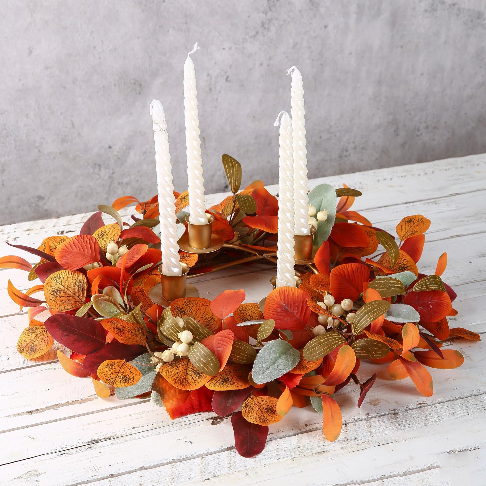 CIR OASES 12 inch Fall Candle Wreaths Artificial Lambs Ears Leaves Garland with Berries Autumn Candle Rings for Pillars Wedding