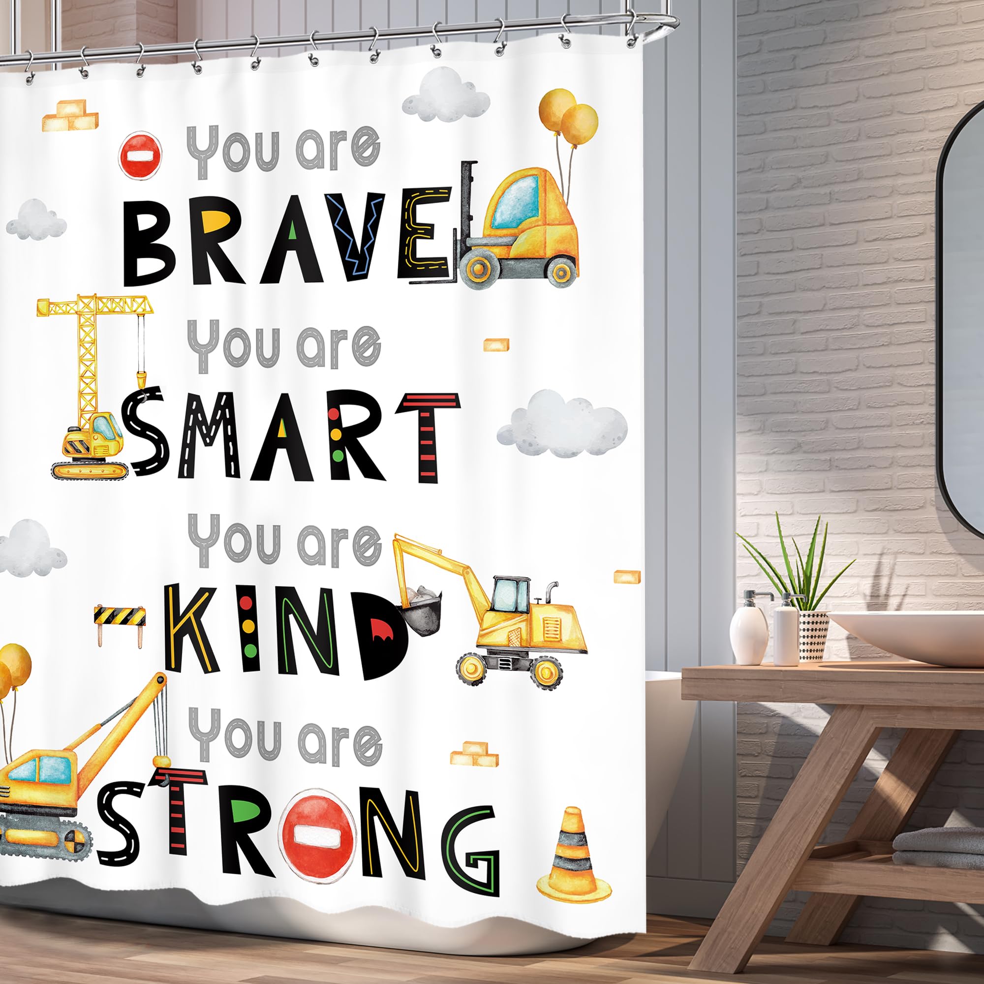 Ufeela Kids Construction Shower Curtain 60Wx72L Inch Boys Cartoon Truck Tractor Cute Inspirational Quote You Are Shower Curtain
