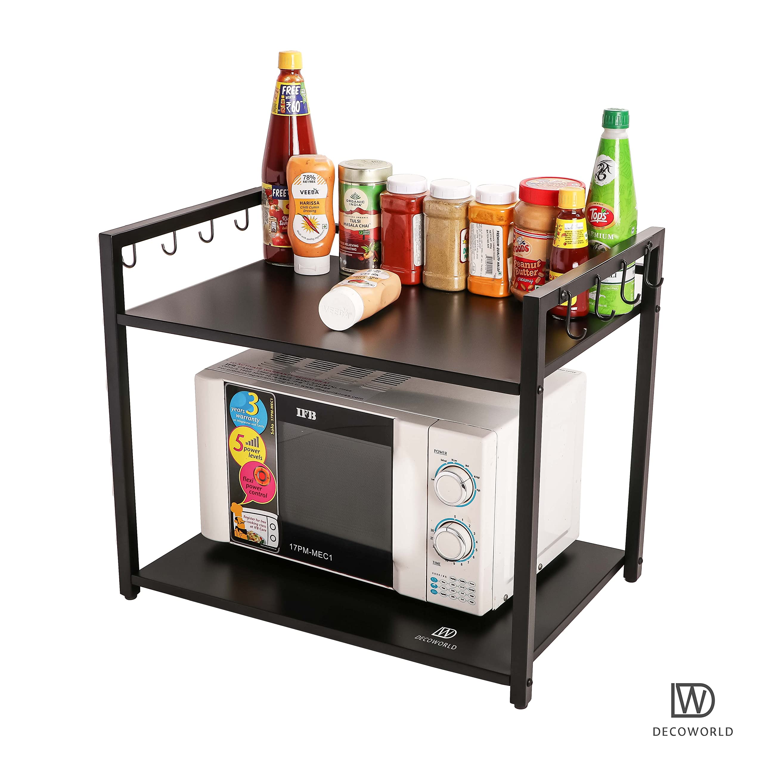 DECOWORLD || Metal Microwave Stand || Microwave & OTG Stand for Kitchen Counter|| Double Platform for Extra Storage with Hooks||
