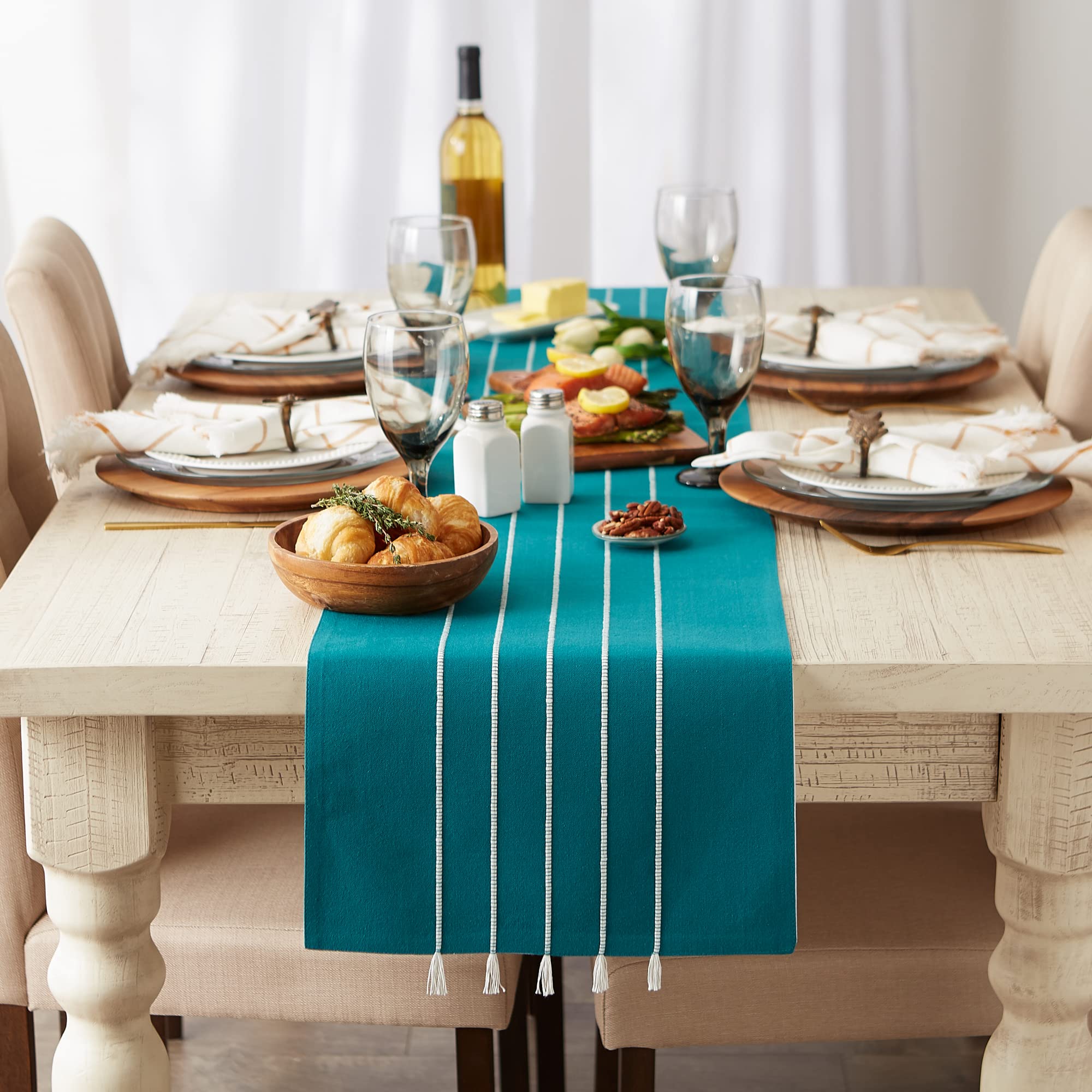 Dii Tassel Stripe Tabletop Collection Decorative, Machine Washable, Table Runner 14X72, Teal & Off-White