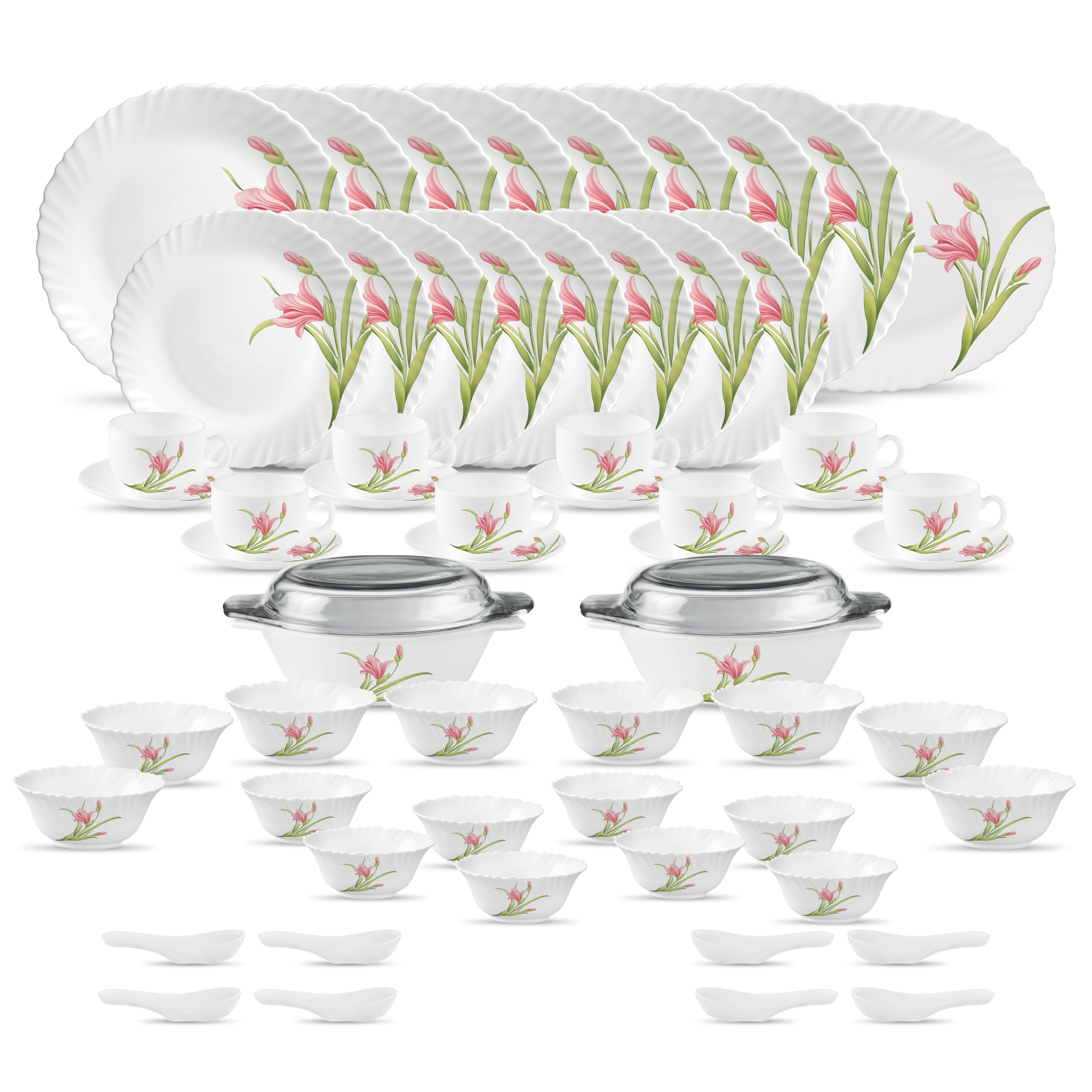 La Opala Diva Classique Collection Opal Glass Crockery | For Family Of 8 | Dinner Set 61 Pcs Flaming Red | Plates & Bowls For Di