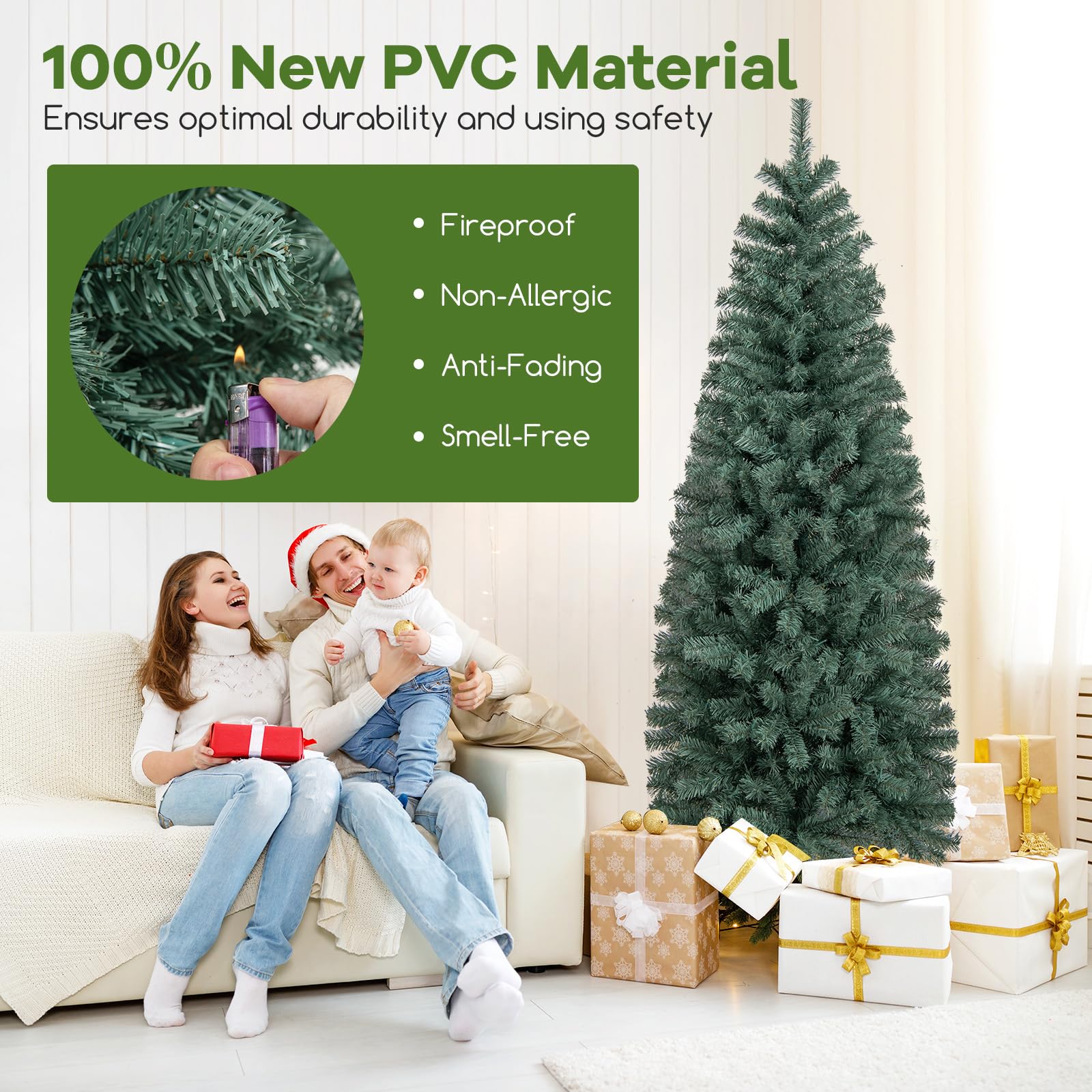 GOFLAME 6.5FT Pre-Lit Pencil Christmas Tree, Hinged Artificial Xmas Tree with 556 Branch Tips, 200 LED Lights, 9 Lighting Modes