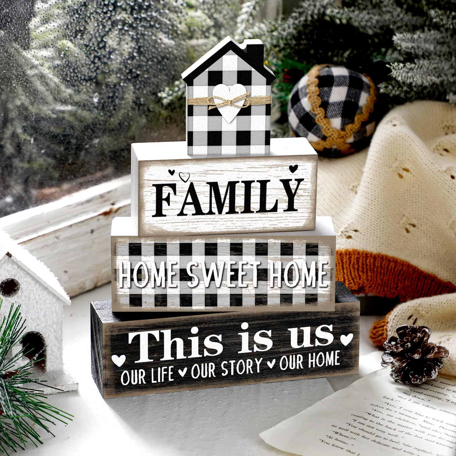 Cinnvoice Farmhouse Wooden Tabletop Decor Rustic Home Sweet Home Table Centerpieces This Is Us Block Sign Black and White Buffal