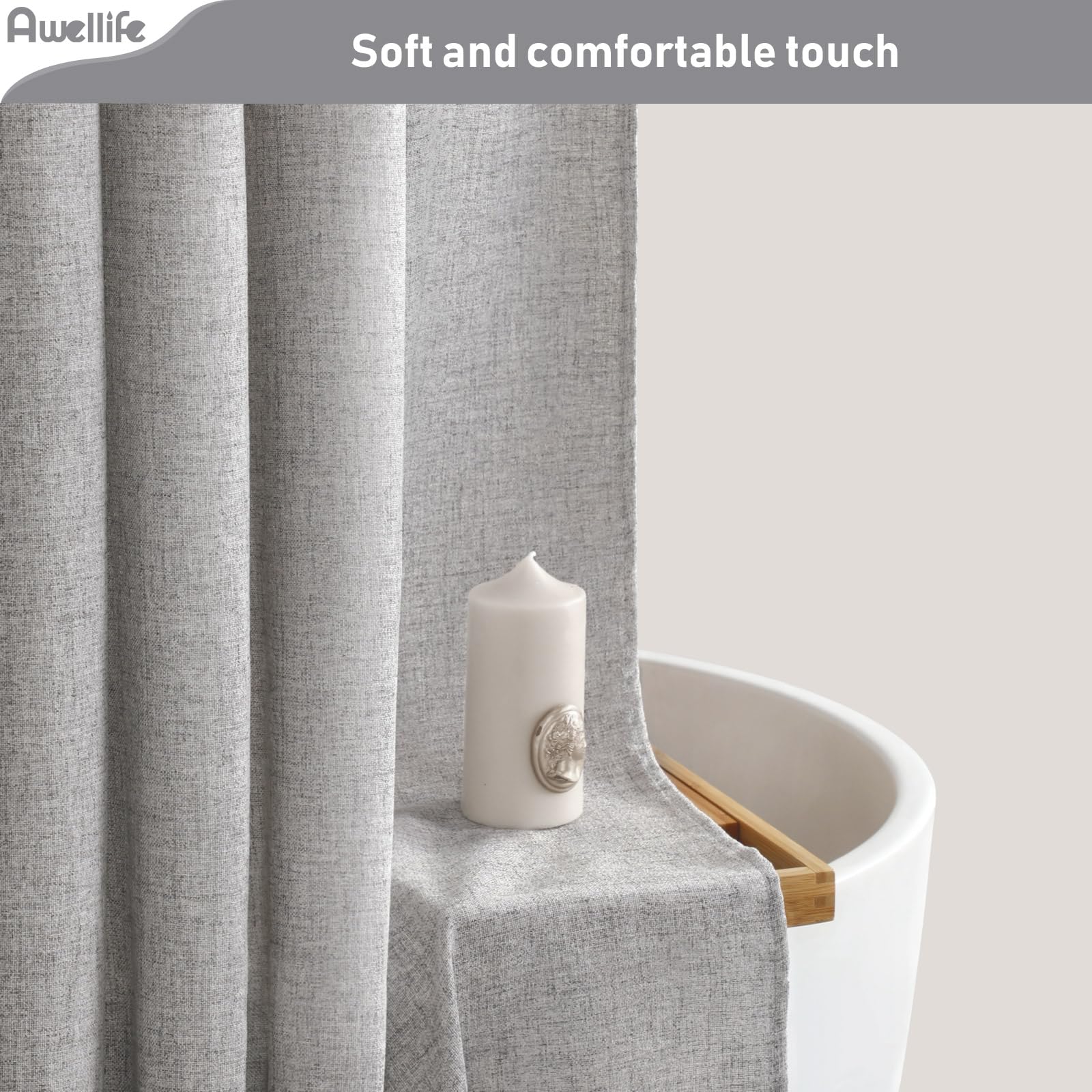 Awellife Grey Linen Style Shower Curtain Set With 12 Durable Hooks - Textured Fabric Heavy Cloth Shower Curtains For Bathroom 72