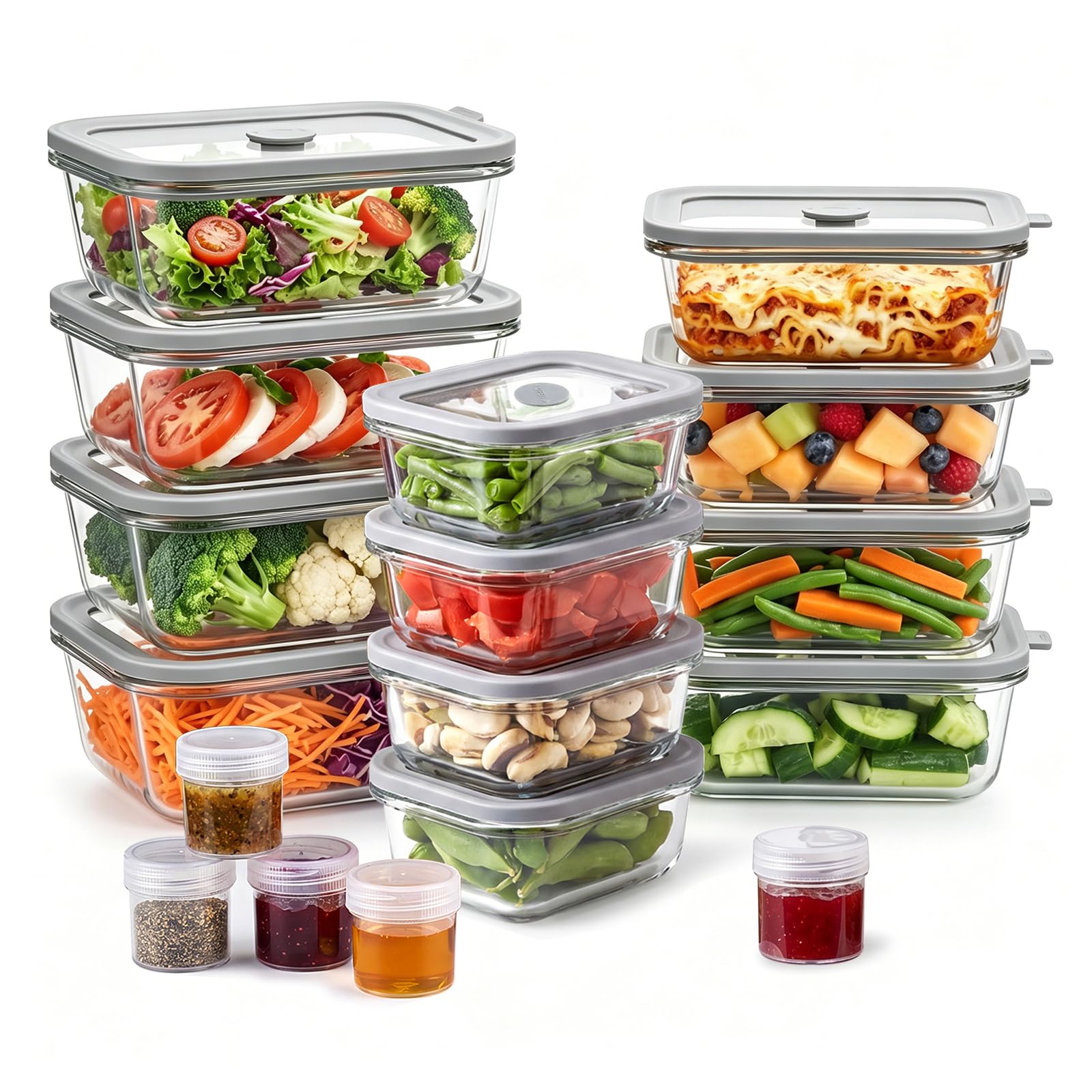 Woaiwoq 12 Pack MultiSize Glass Food Storage Containers with Glass Lids