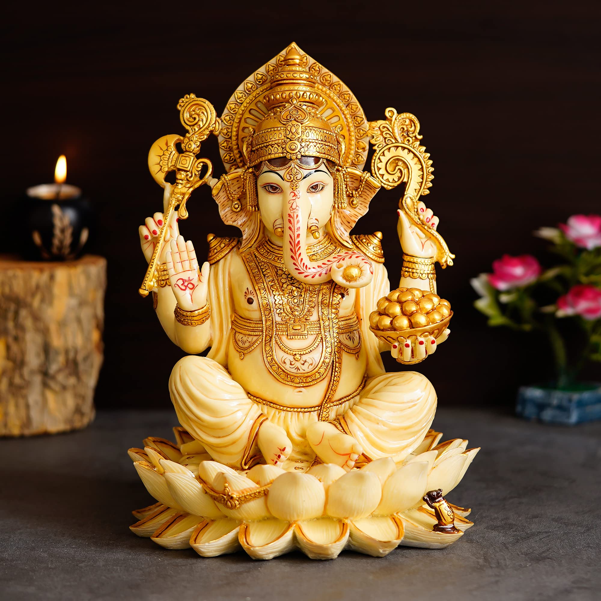 Shyam Antique Creation 12 Action Large Lord Ganesha Statue For Home Decor Marble Ganesha Idol On Lotus Ganesh Ji Marble Dust Ido