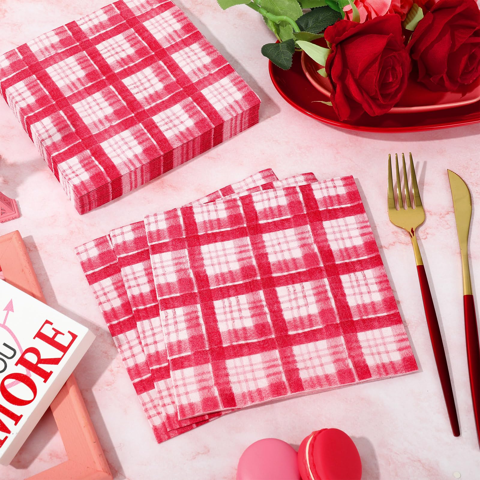 Jarthenaamcs 80Pcs Valentine'S Day Paper Napkins 6.5 X 6.5 Inch Watercolor Plaid Disposable Dinner Napkins Red White Checkered L
