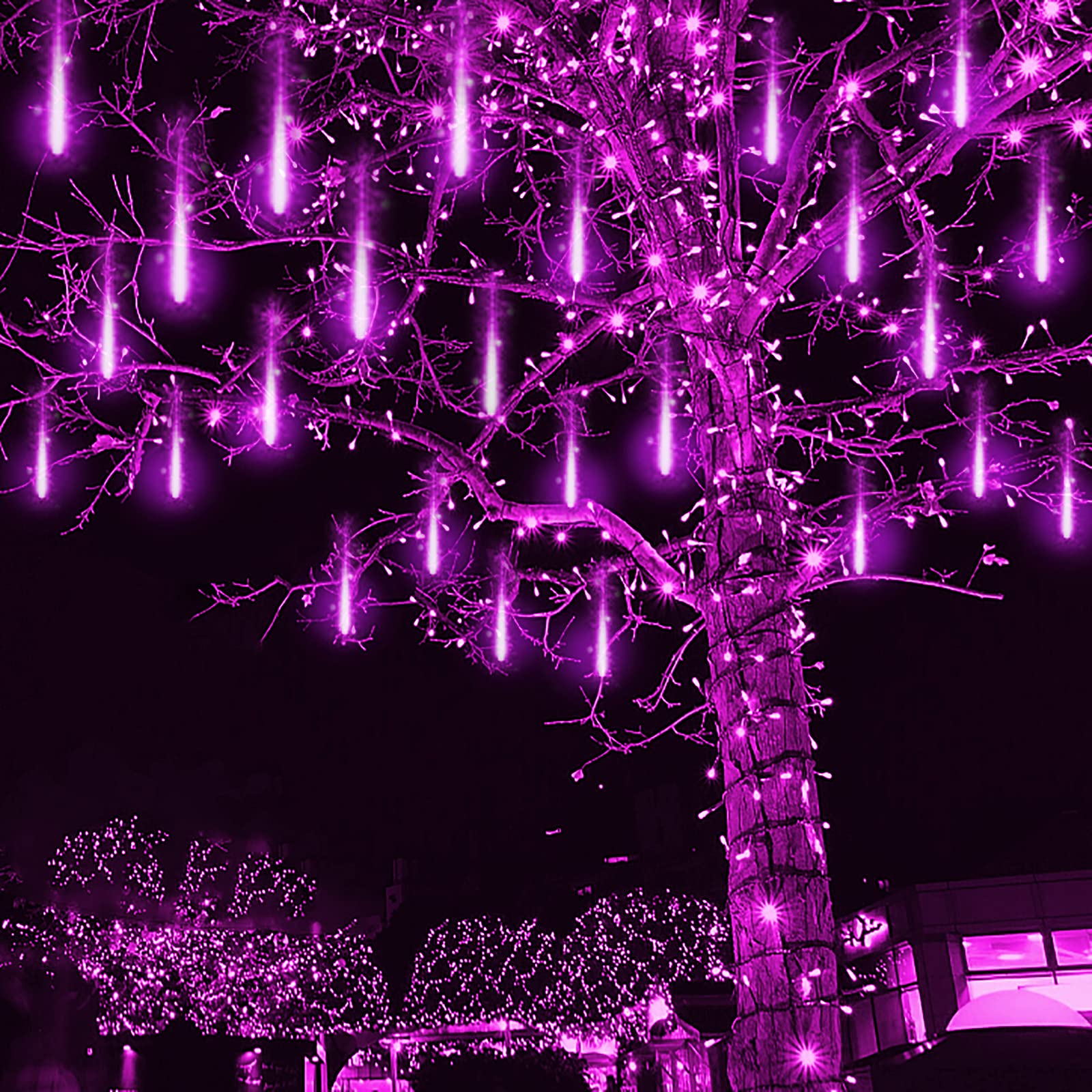 Kwaiffeo Purple Christmas Lights Outdoor, 16 Tubes Meteor Shower Light (Equivalent to 2 Sets of 8-Tube) for Halloween Christmas 