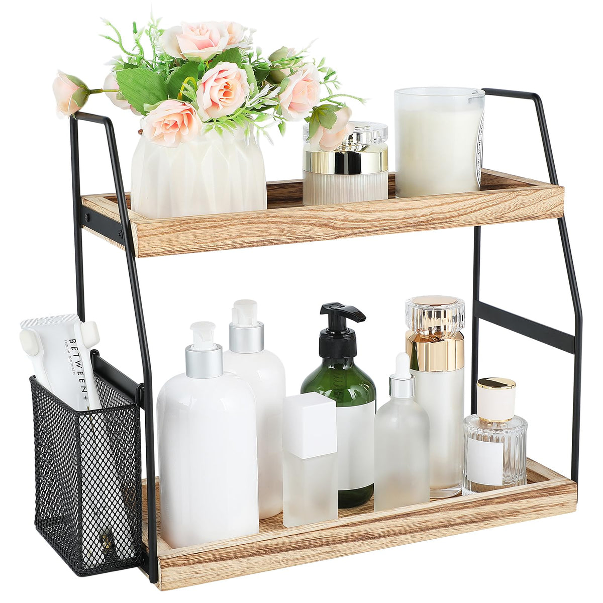 Bathroom Counter Organizer, 2-Tier Standing Storage Shelf With Basket, Wood Tray For Skincare Vanity Organizer