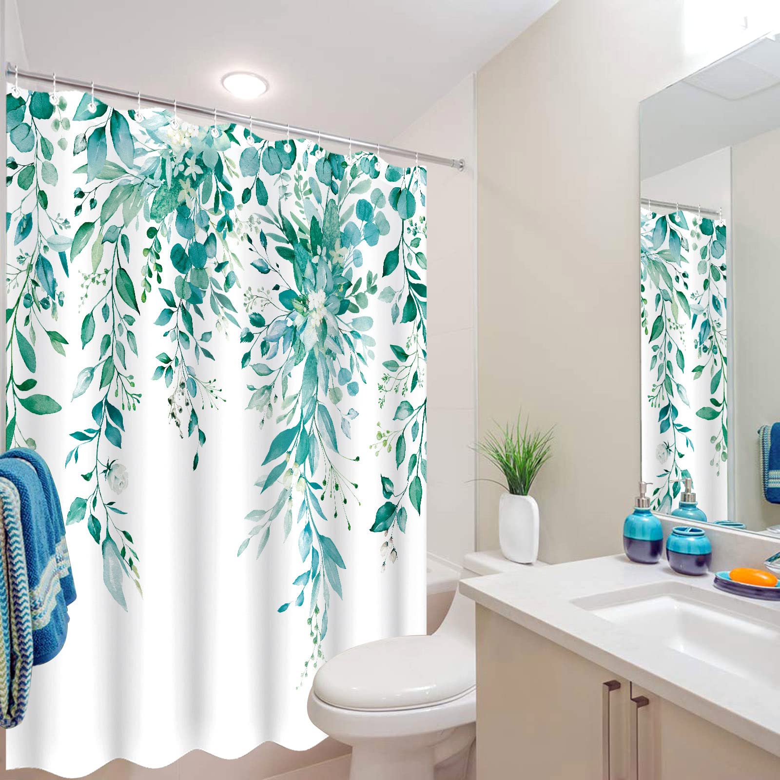 Zussun Teal Eucalyptus Shower Curtain Watercolor Floral Plant Leaf Shower Curtains for Bathroom Botanical Flower Waterproof Fabric Bath Curtain Decor with Hooks (Teal  72'' x 72'')