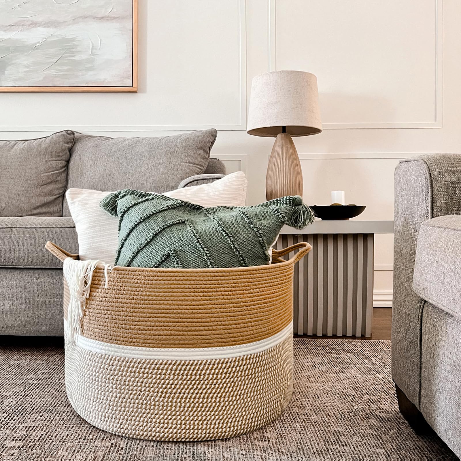 Chicvita Xxl Extra Large Cotton Rope Woven Basket, Throw Blanket Storage Basket With Handles, Decorative Clothes Hamper - 22 X 2