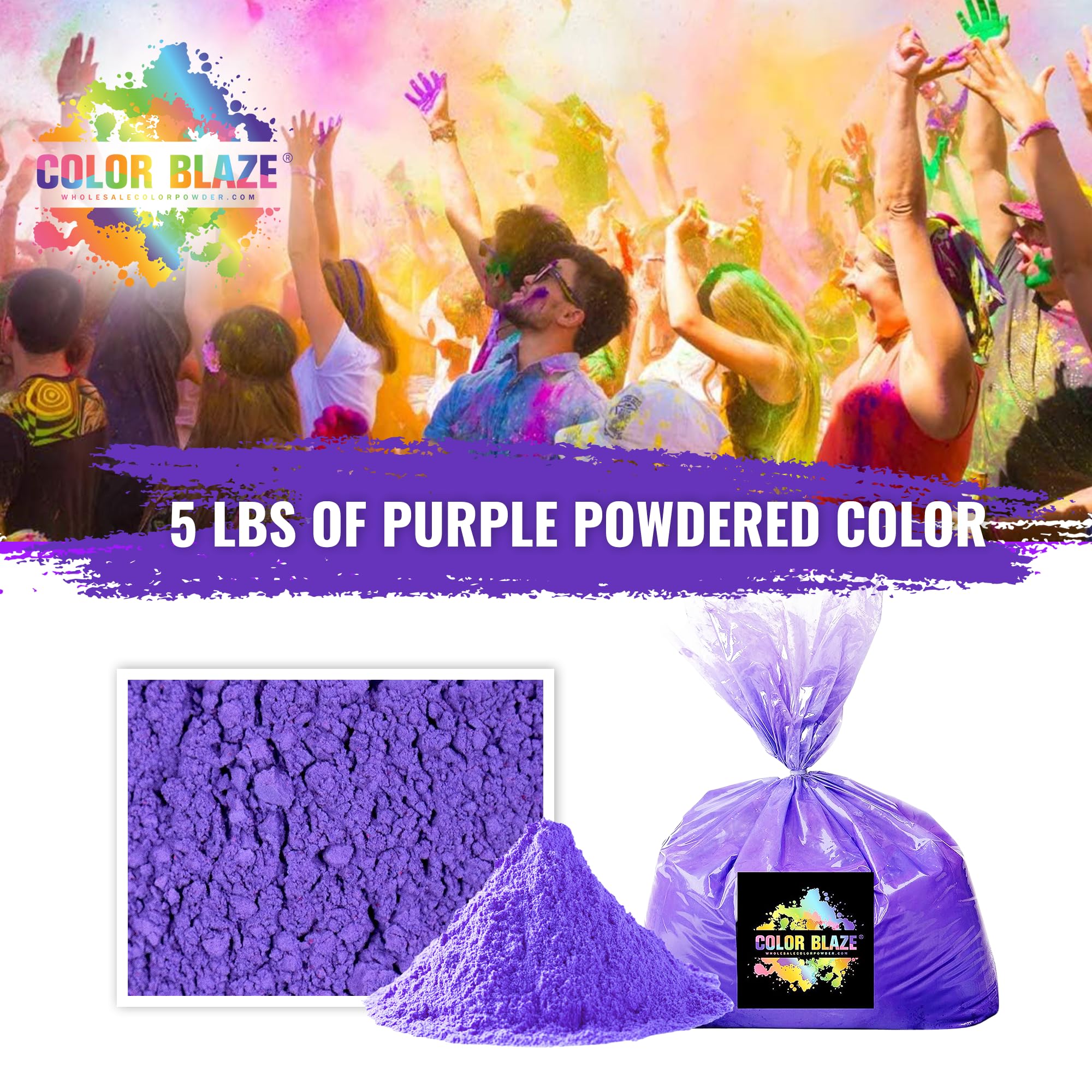 Color Blaze Holi Colored Powder - 5 Lbs Of Purple Powdered Color - For Fun Runs, Color Toss, Rangoli, Powder War, Backyard Party