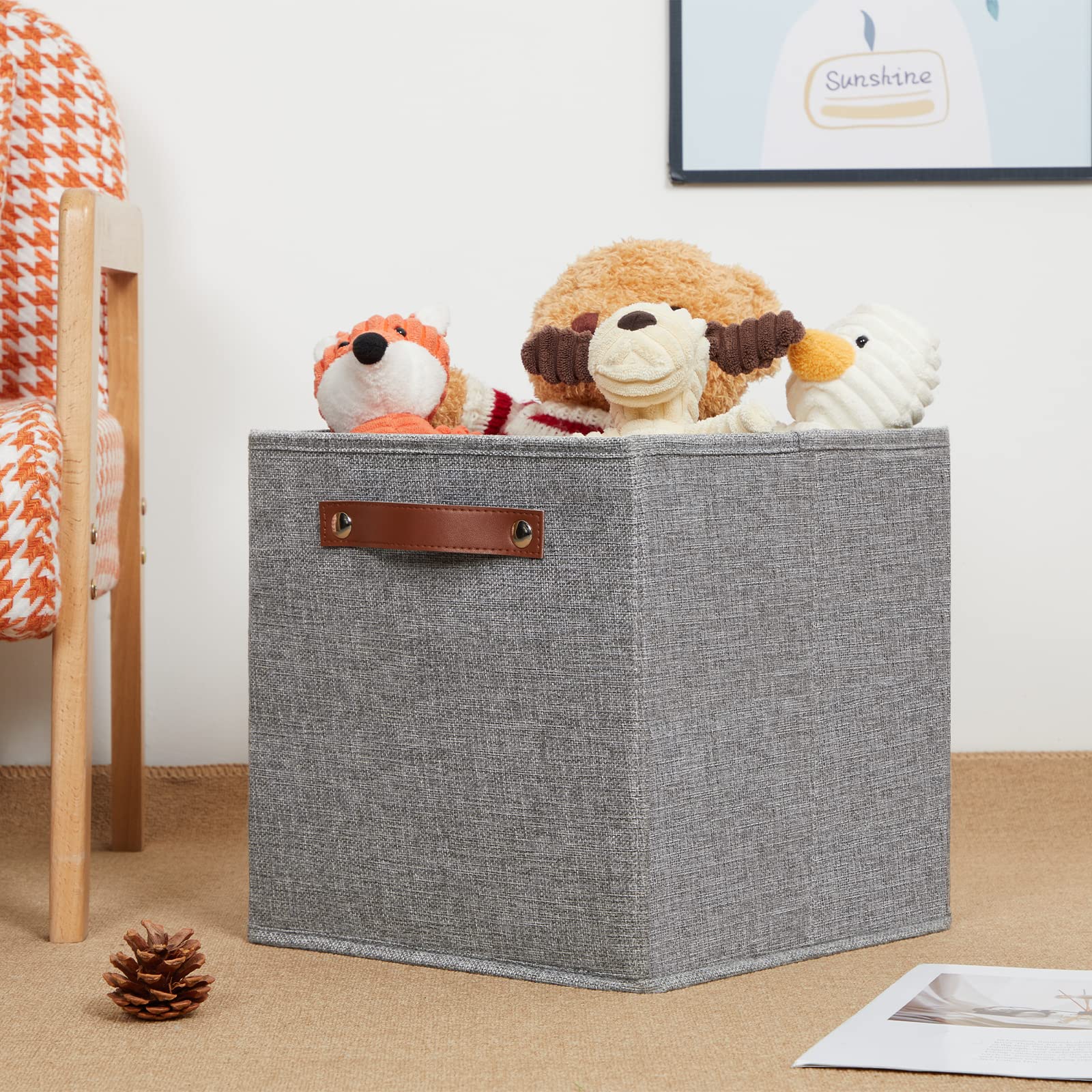HNZIGE Shelf Storage Cubes Bins for Organizing  Set of 4  Cabby Fabric Cube 11x11 Cube Storage Bins  Closet Bins for Cube Organizer with Handles for Shelf Nursery(Gray)