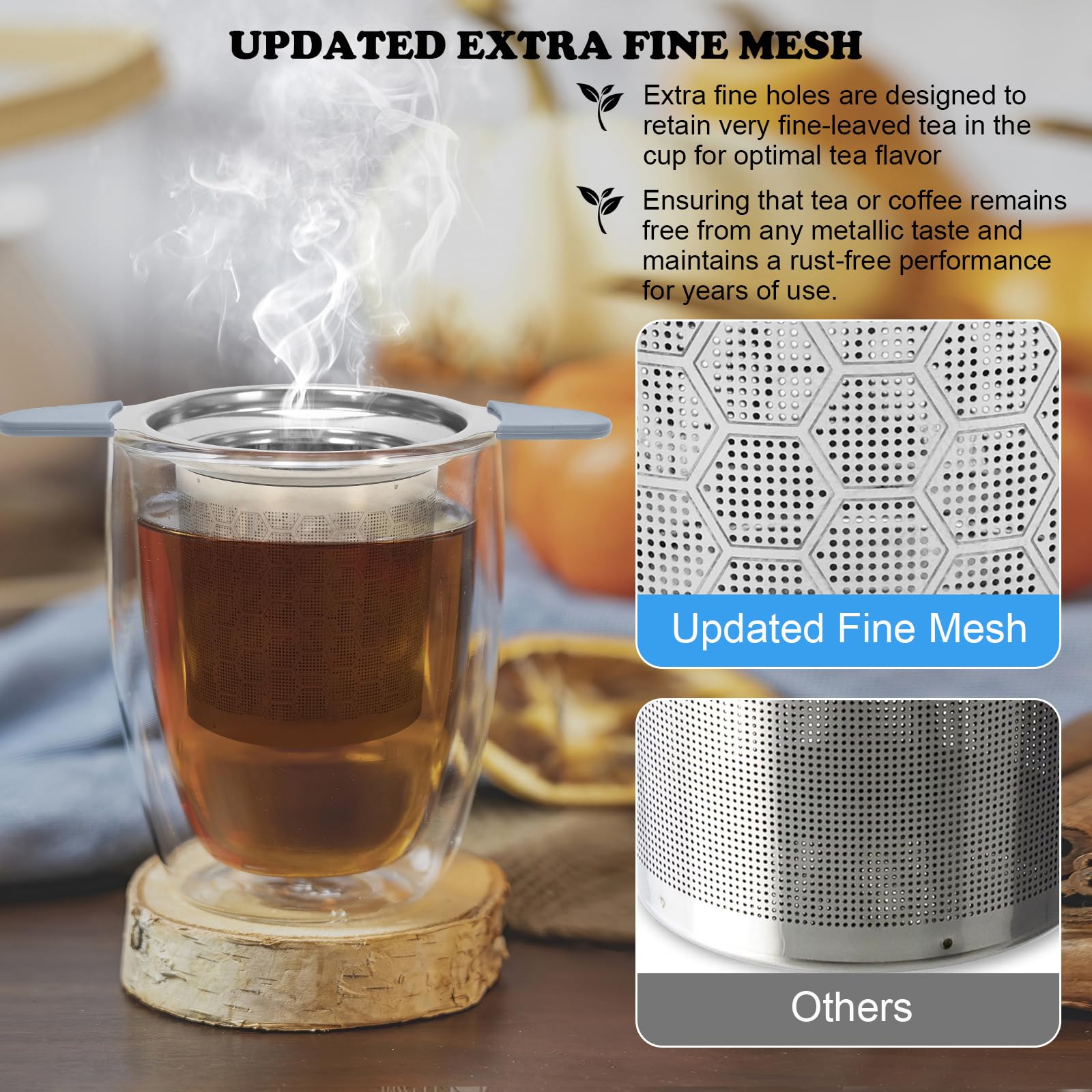Tea Infuser For Loose Leaf Tea, Extra Fine 304 Stainless Steel Tea Strainer Stepper With Heat-Resistant Silicone Handles And Lid