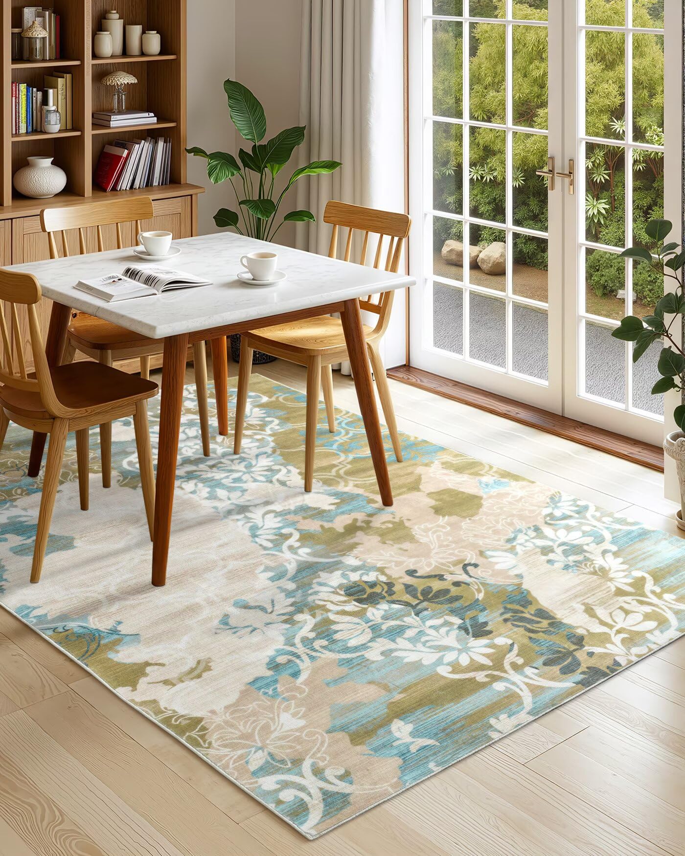 Macgace Washable Abstract Rug, 5x7 Willow Green and Blue Floral Area Rugs with Non-Slip Rubber Backed for Bedroom, Low Pile Mode