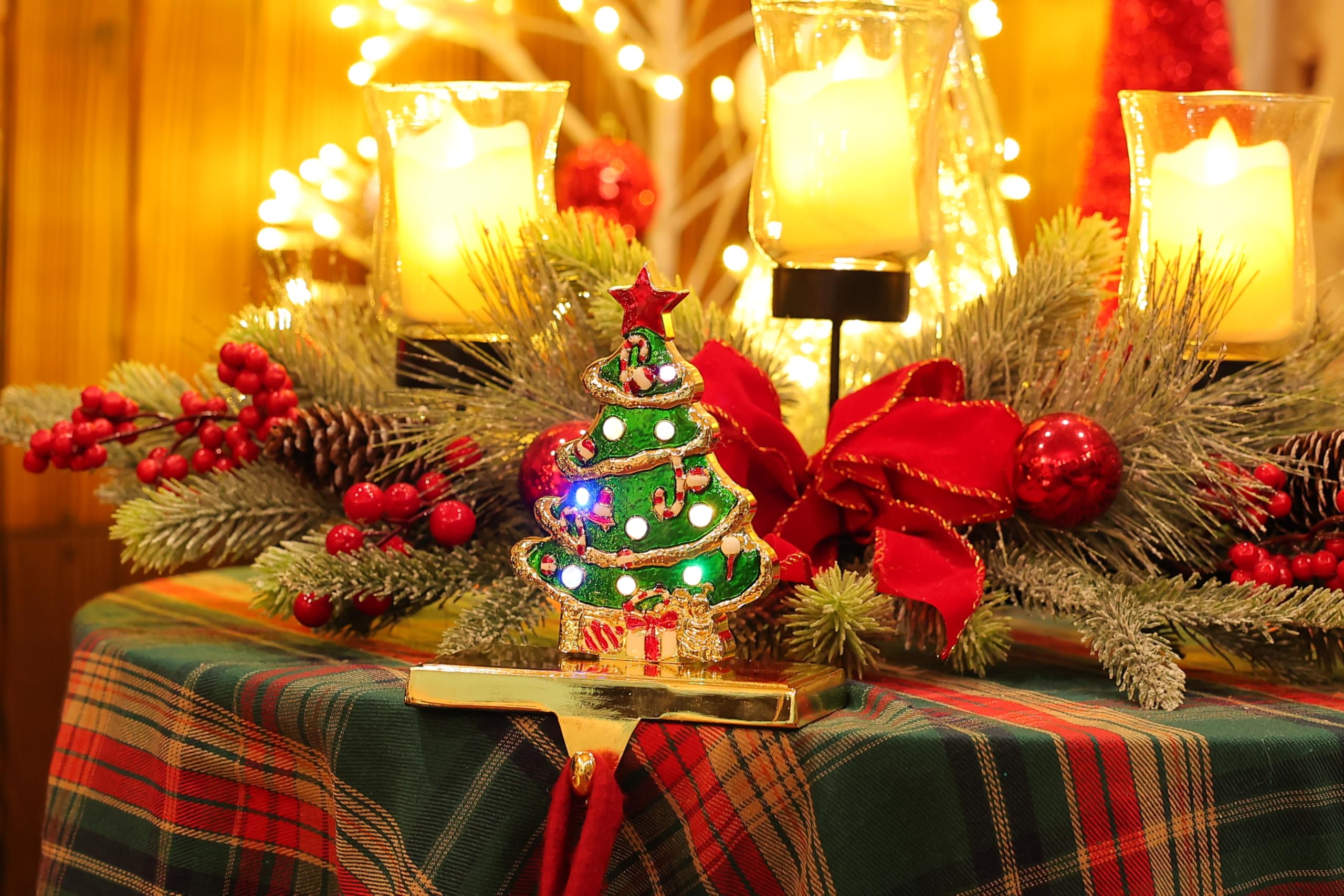 Amooca Christmas Stocking Holders Non-Slip Metal Hooks LED Lights Tree Decor Fireplace Mantle Stocking Hanger for Party Decorati