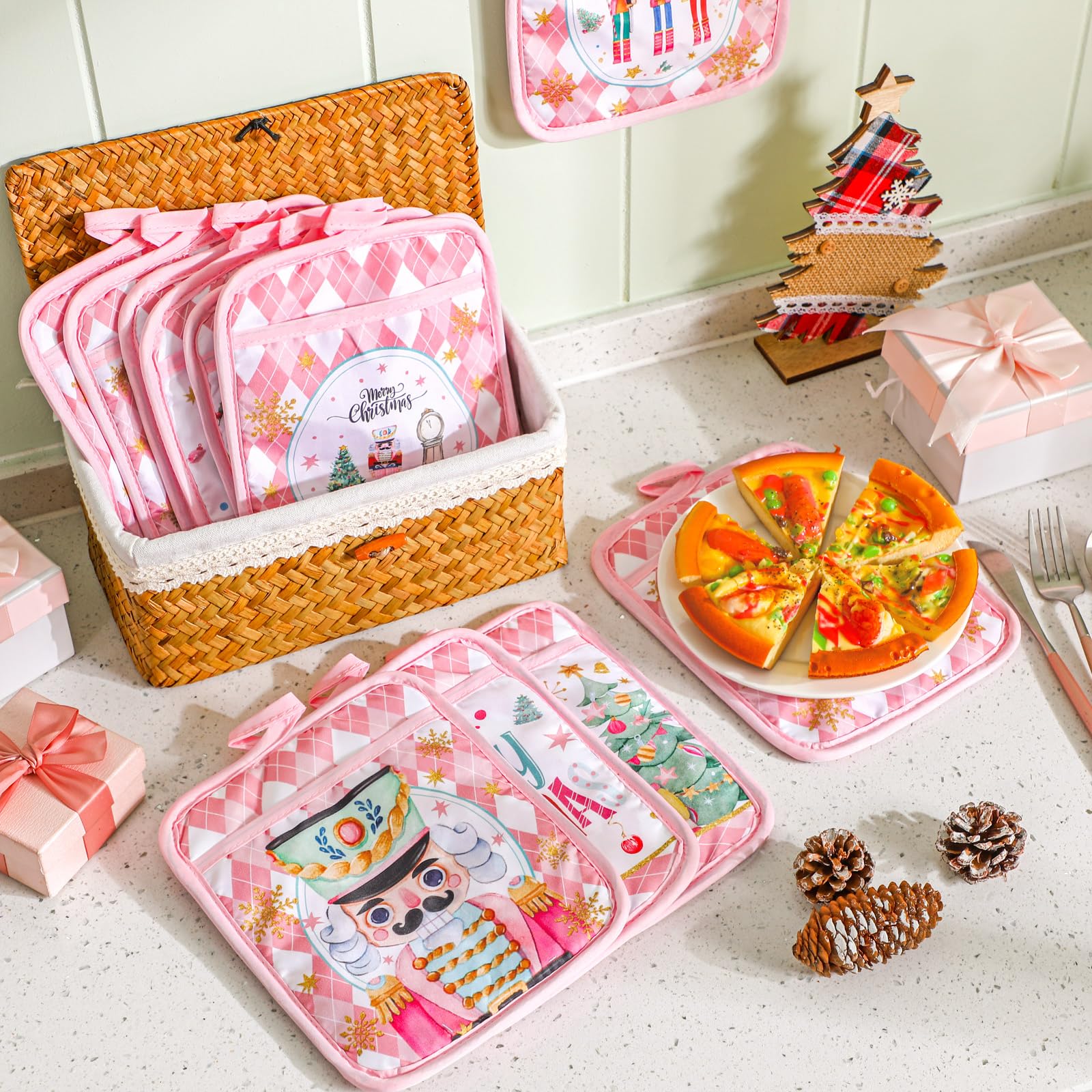 Jingmore 12 Pcs Christmas Pot Holders with Pocket Pink Nutcrackers Pot Holders for Kitchen Xmas Tree Hot Pads and Oven Mitts Pot