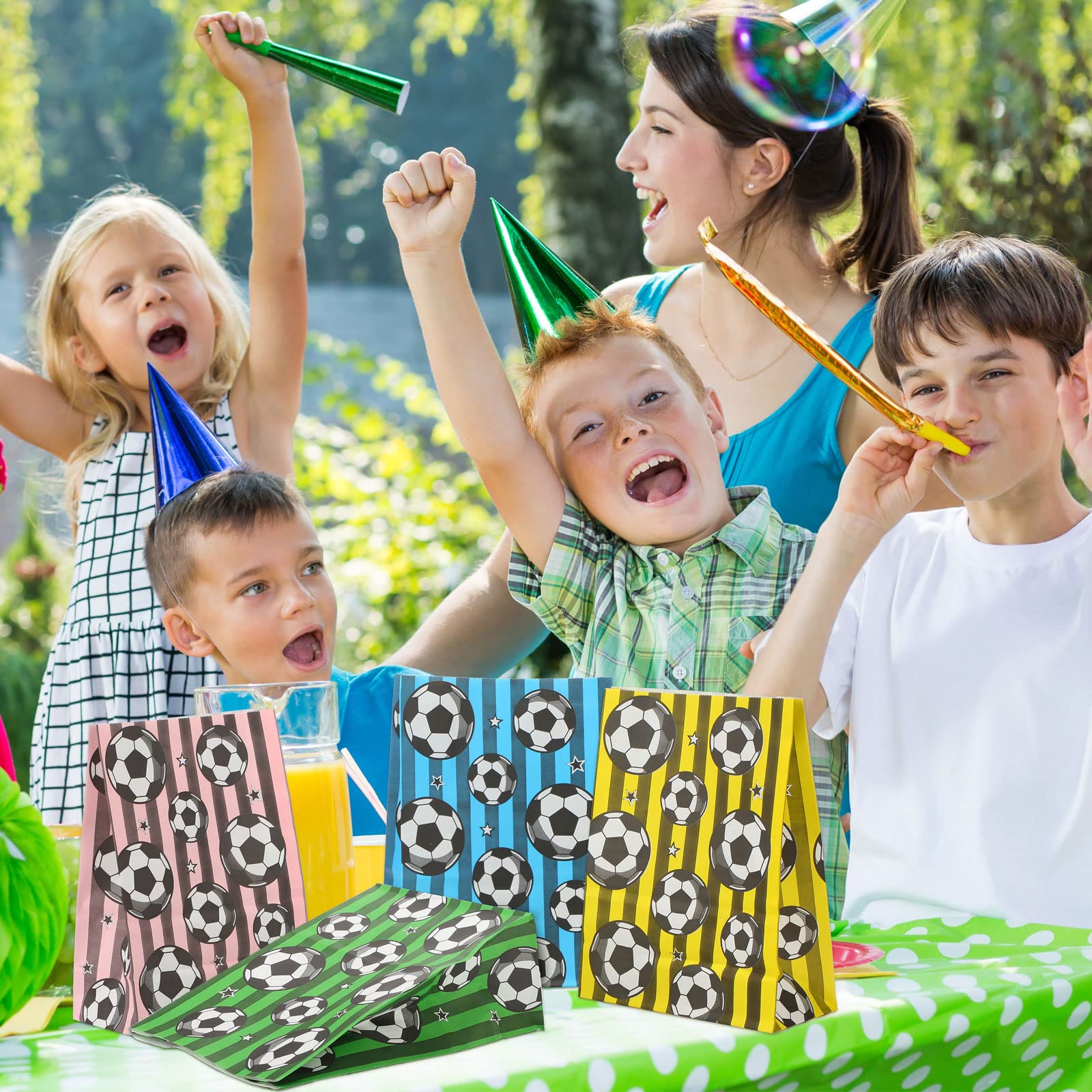 30 Pieces Soccer Party Favor Bags Soccer Themed Birthday Party Supplies  Reusable Candy Bags Party Present Goody Treat for Soccer Party Favors Decor (Green  Blue  Pink  Yellow)