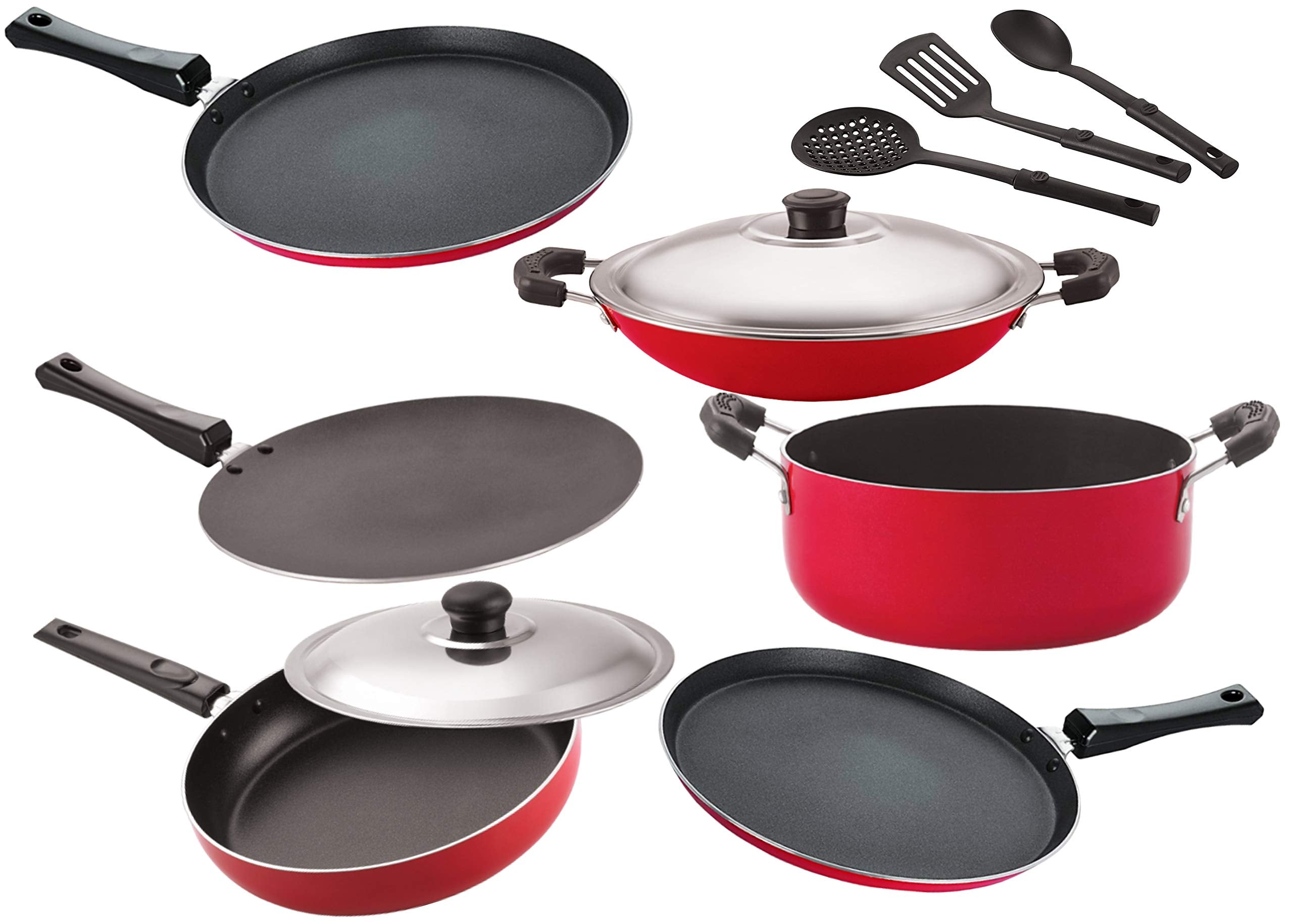 Nirlon Gas Compatible Non Stick Aluminium Cookware Set Of 9 Pieces (26_Ft12_Ct_Ch_Ft10_Cass20_Fp12_3Spn)