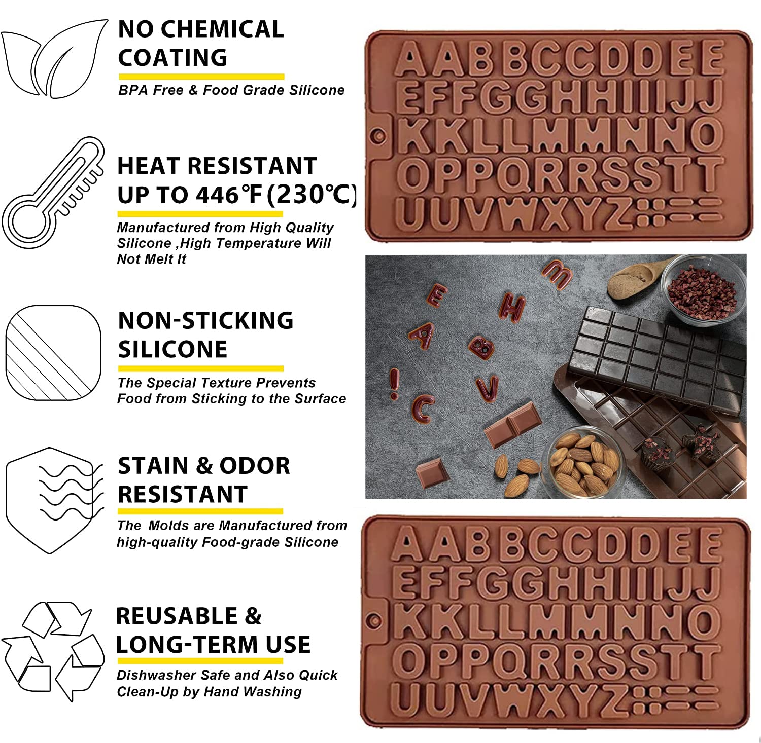 Bamutu Letter Silicone Chocolate Molds Silicone Alphabet Mould 2Pcs Non-Stick Fondant Molds Perfect For Cake Decoration,Birthday
