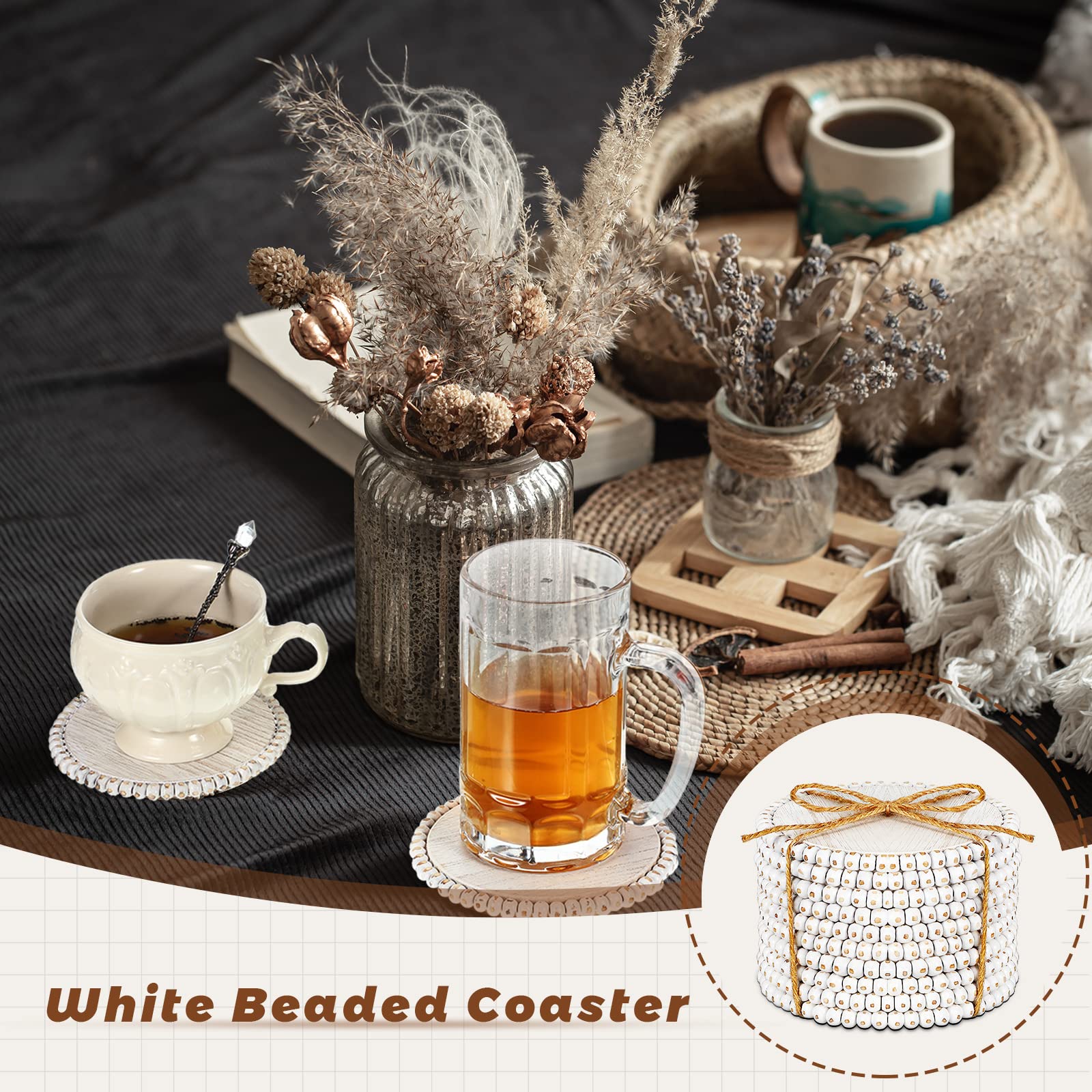 10 Pieces Beaded Wood Coasters Bulk Farmhouse Coasters for Drinks Coffee Table 4.7 Inch Round Farmhouse Beaded Rustic Coasters Decorative White Coasters Bar Coasters for Home Kitchen Decor