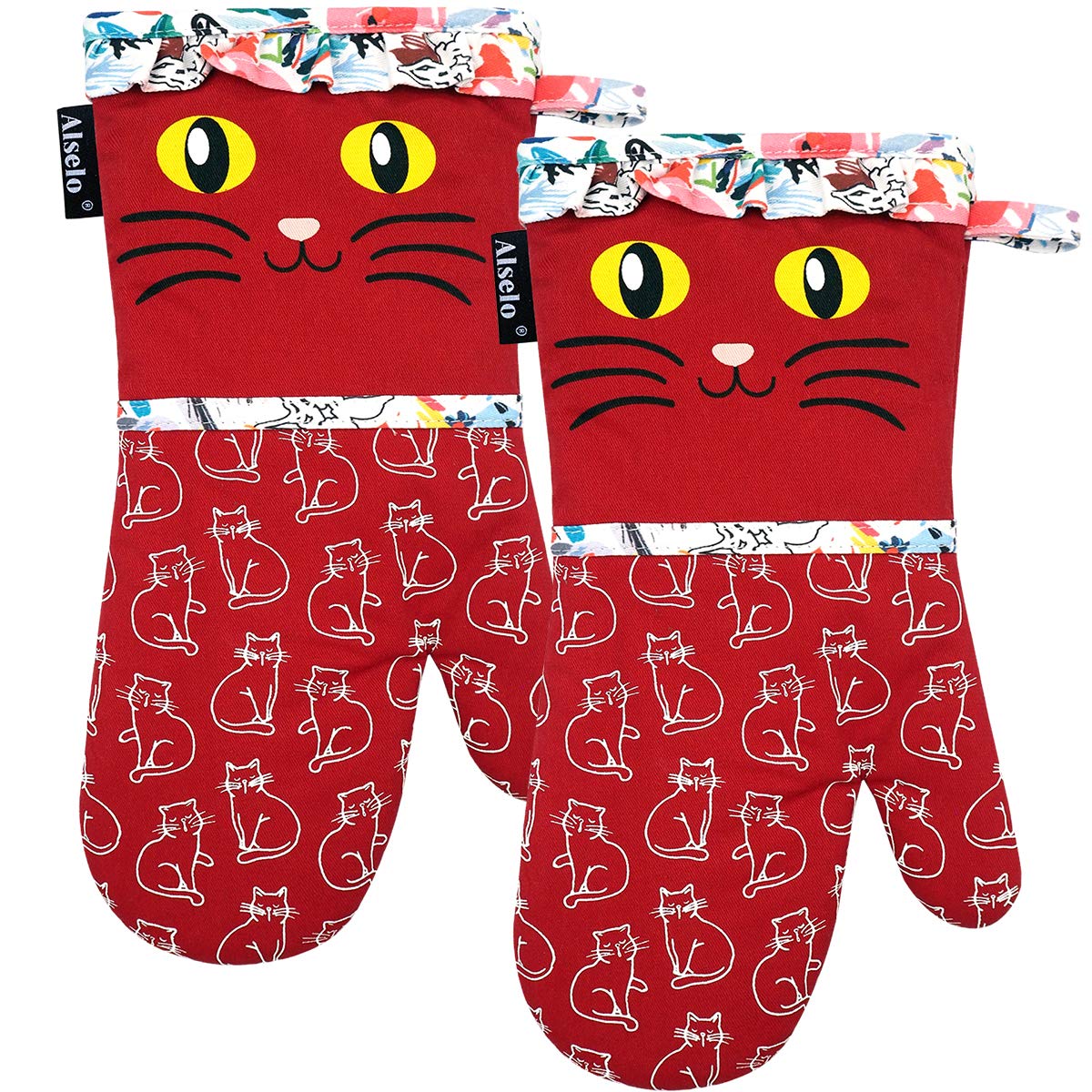 Alselo Oven Mitts, Heat Resistant With Soft Quilted Cotton Lining Set Of 2, Fashion Animal Design With Silicone Printing Anti-Sl
