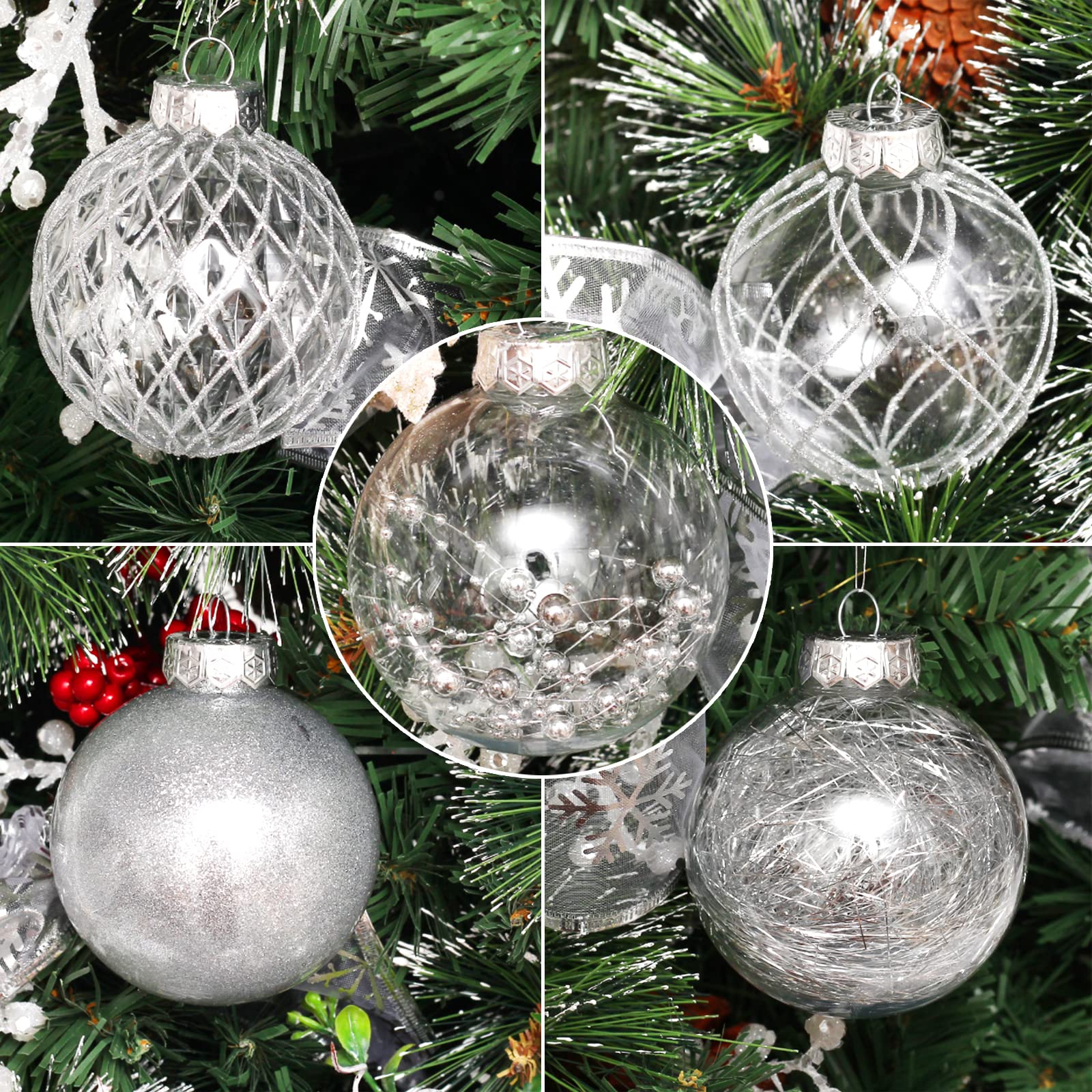 Clear Christmas Ball Ornaments, 30ct Shatterproof Xmas Ball Decorations for Christmas Tree 2.36 Inch Silver Hanging Decorative B