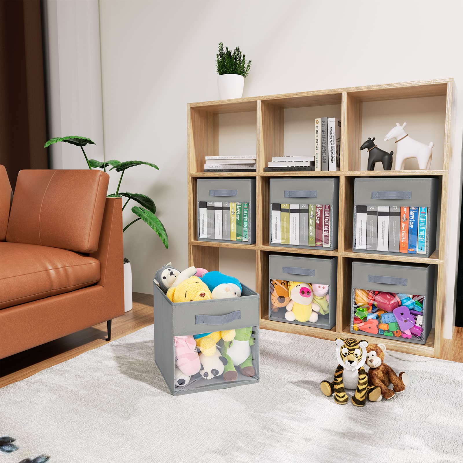 DIMJ Storage Cubes  12 Inch Cube Storage Bins with Window  Fabric Organizer Bins with Handle  Storage Baskets for Shelves  Storage Box for Clothes  Toys  Books (6 Packs  Grey)