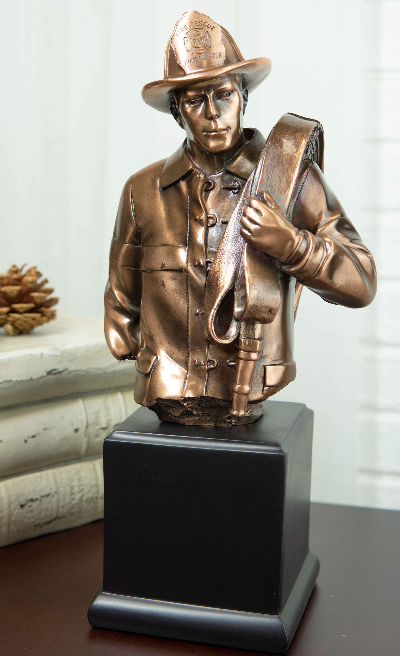 Ebros Civil Service Hero Fireman Carrying Fire Hose Reel Portrait Bust On Trophy Base Statue in Bronze Electroplated Finish Fire