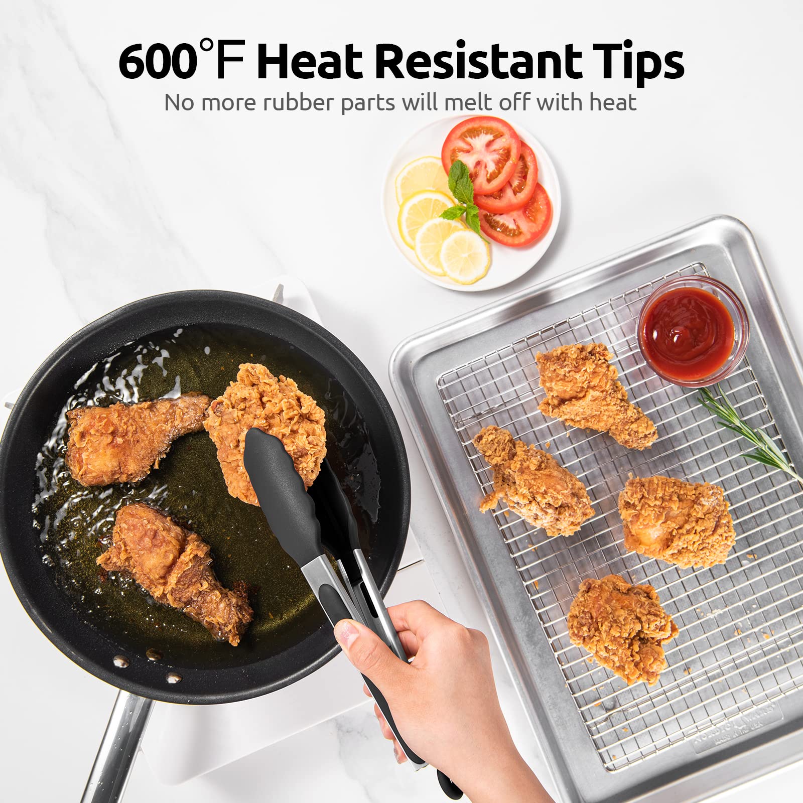 600F Heat Resistant Kitchen Tongs: U-Taste 9 Inch Silicone Cooking Tong With Firm Sealed Non Stick Rubber Tips & Silicon Coated