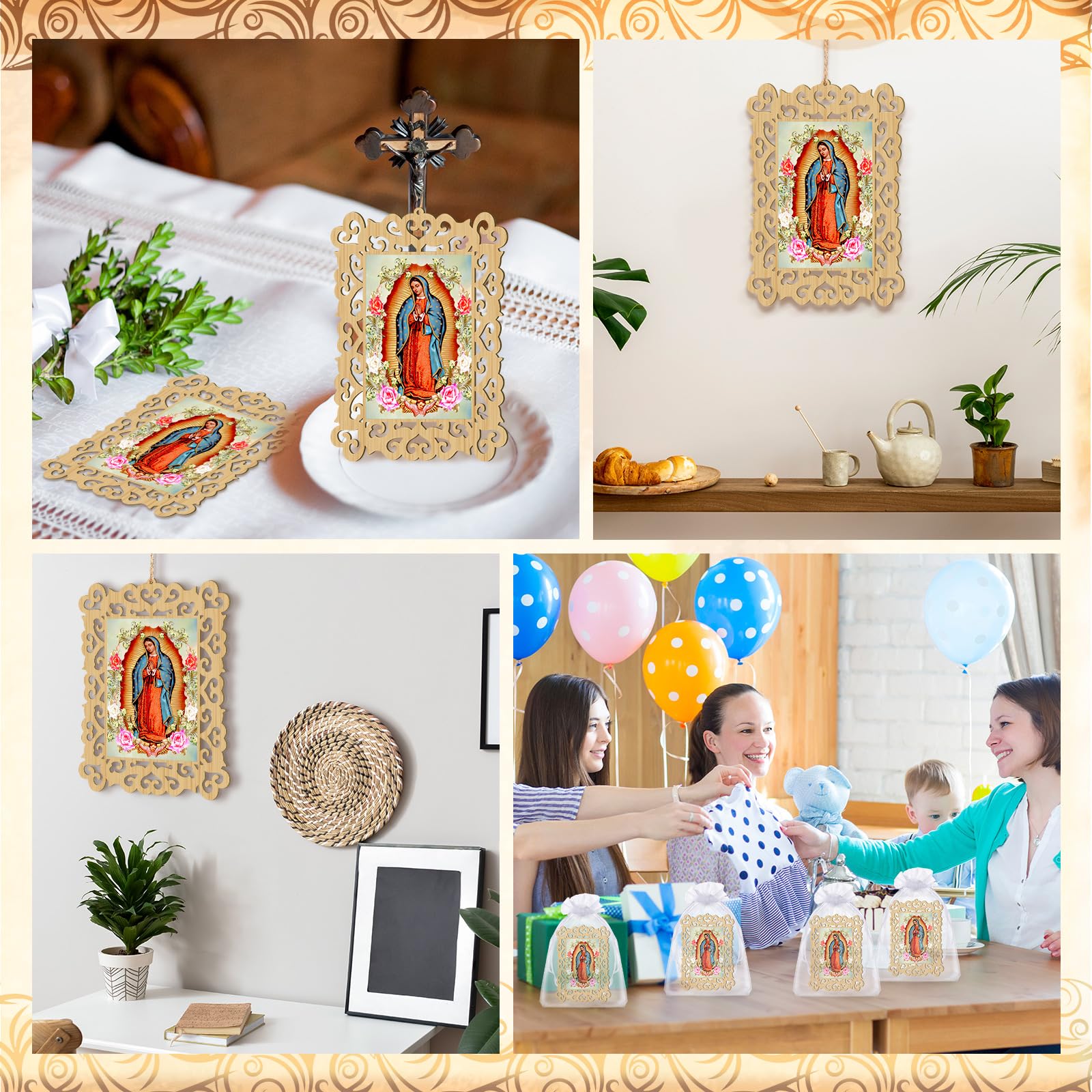 Quelay 24 Pcs Our Lady of Guadalupe Wooden Picture Frames with Organza Gift Bags Baptism Favors for Guests First Communion Chris