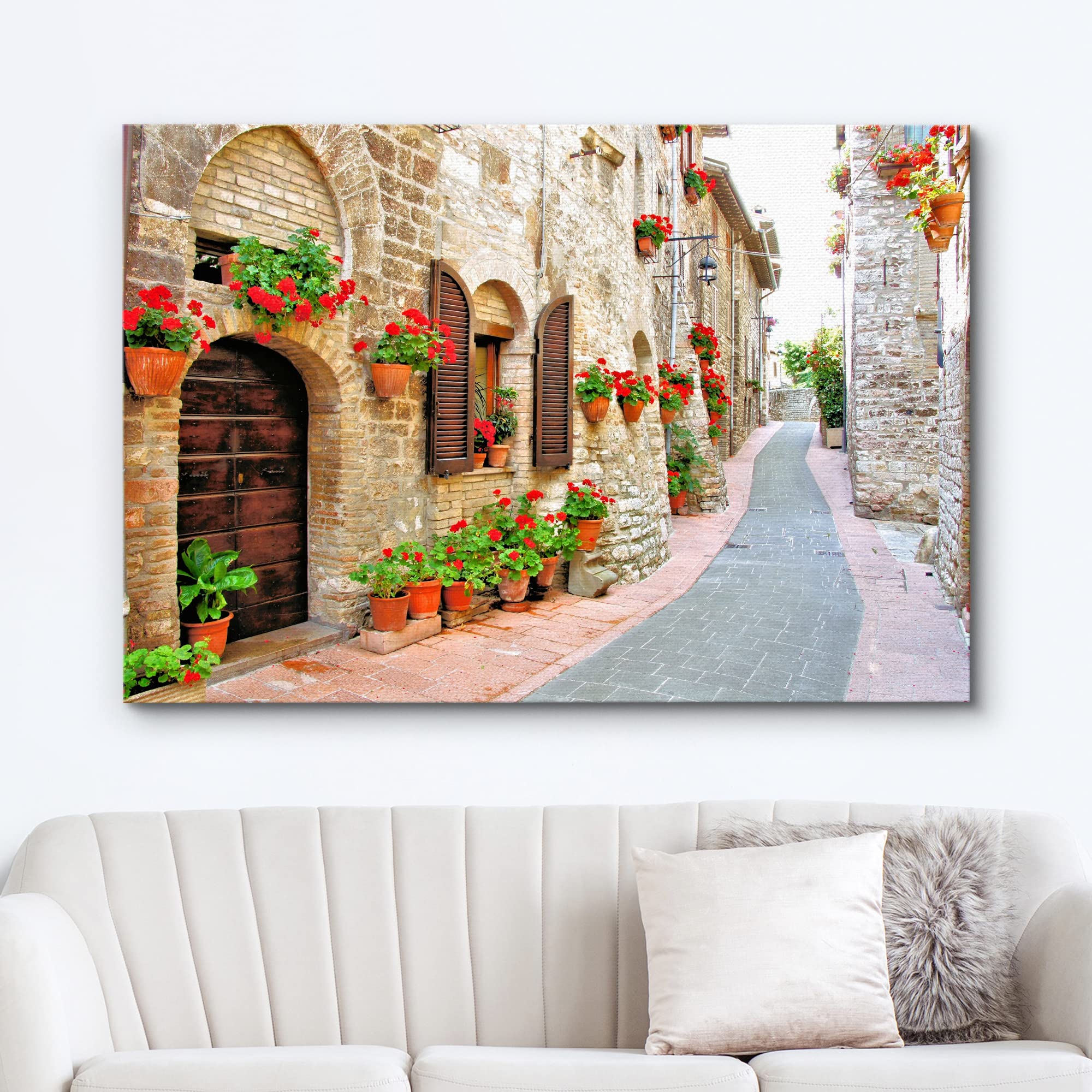 Beautiful Scenery Landscape Of Picturesque Lane With Flowers In An Italian Hill Town - Canvas Art Wall Art - 32'' X 48''