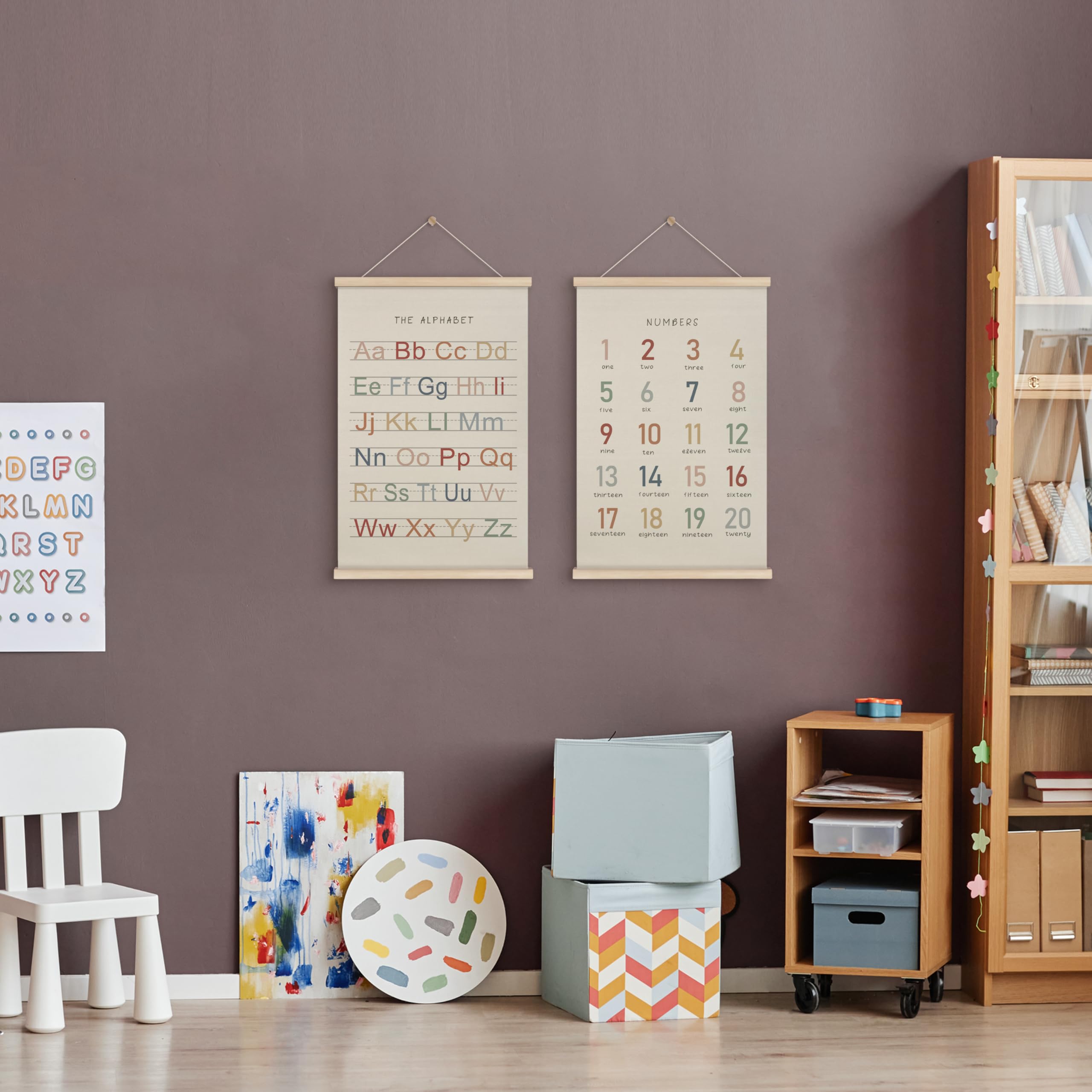 Hrqko Alphabet Numbers Poster Hanger Frame Set Of 2, Nursery Wall Decor, Boho Abc Poster Wall Art With Wooden Frames, Alphabet B