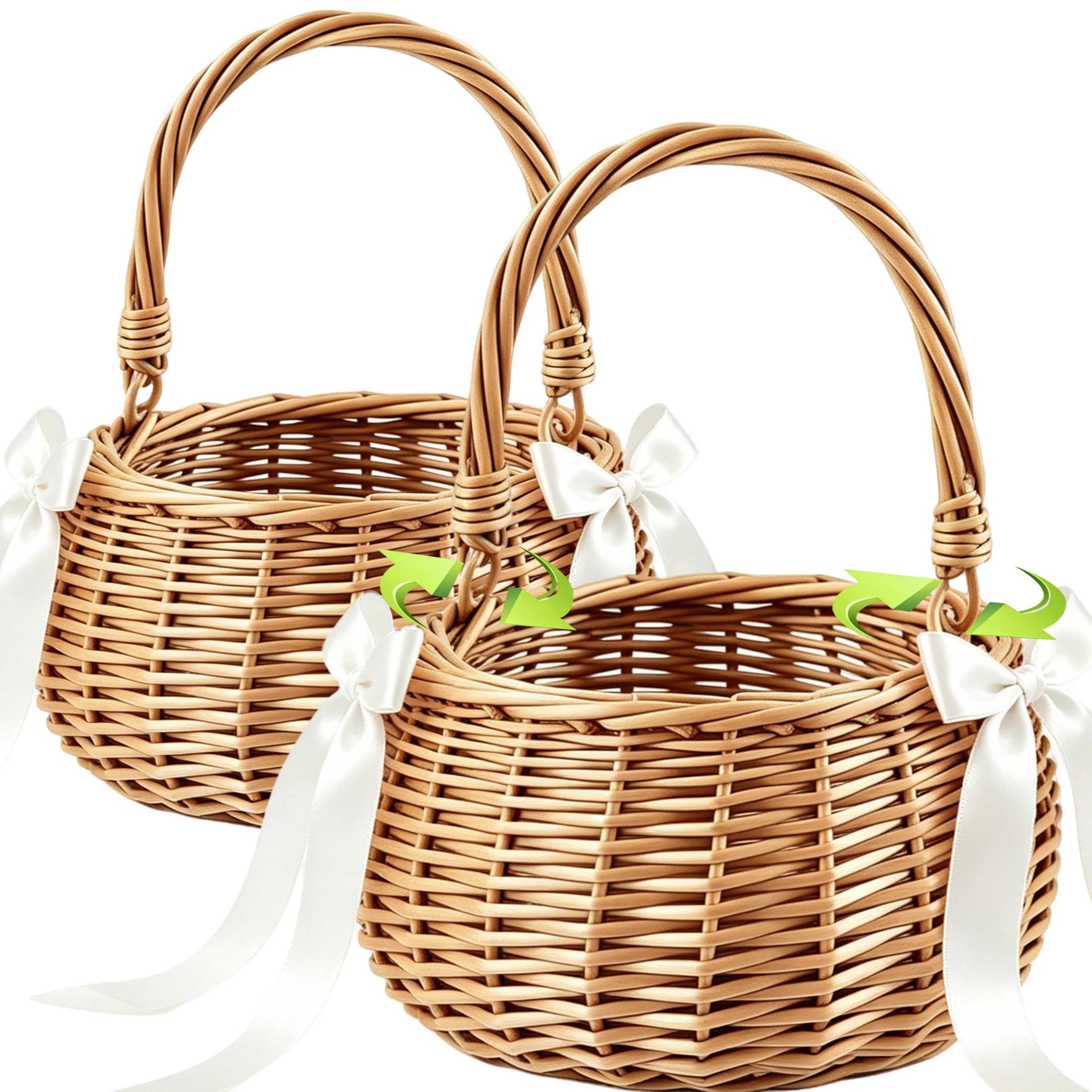2PCS Wicker Rattan Flower Girl Basket Set with White silk Bow, 7.1x7.1x9.1 Hand Woven Rustic Wedding Basket with Handle for B