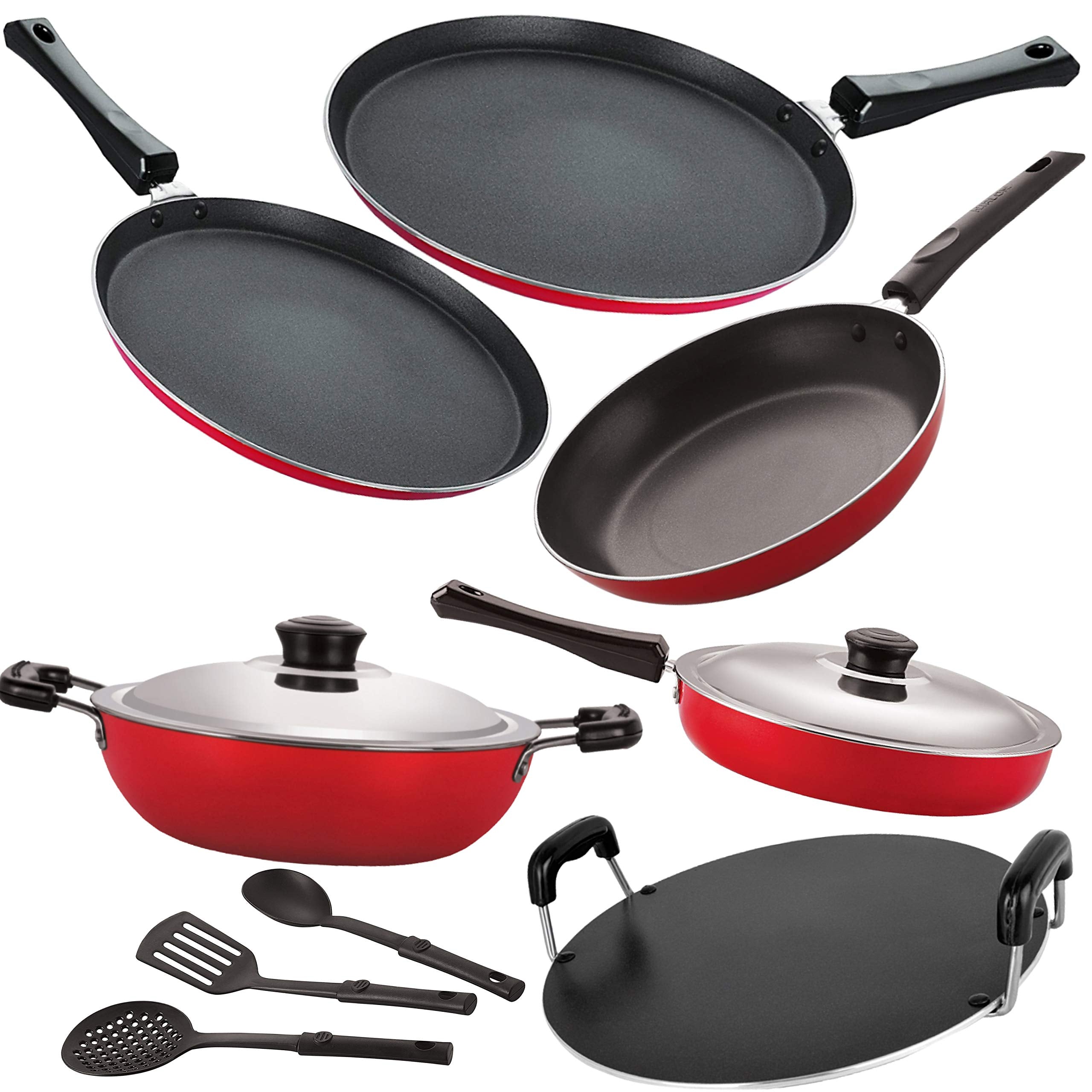 Nirlon Non Stick NonInduction Aluminium Kitchen Essential With Bakelite Handle Cookware Set9 Pieces, 2.6Mm_Ft13_Ft12_Dkdm_Tp_R