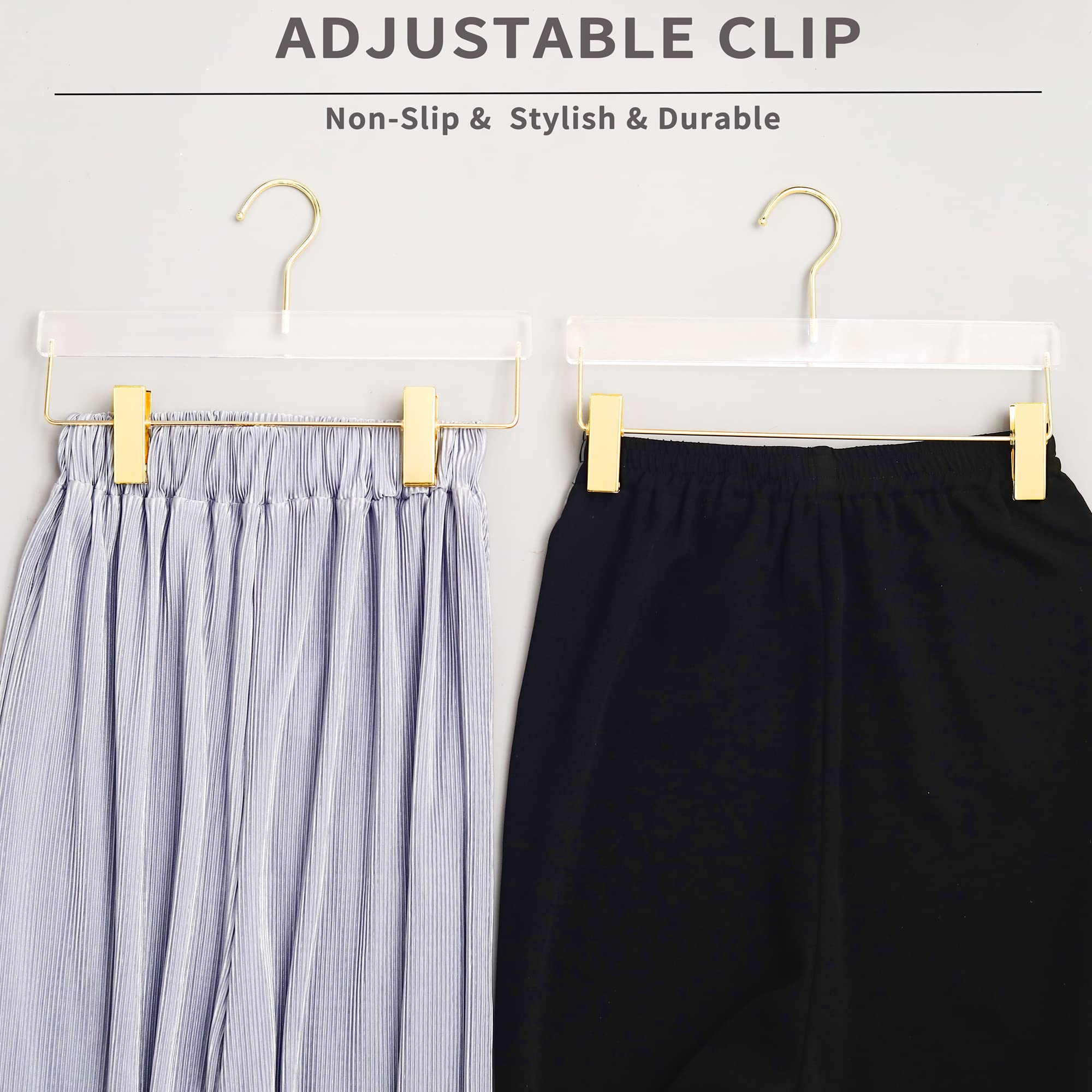 Besser 10 Pack Gold Acrylic Hangers,Clear Hangers With Gold Hooks,Luxurious Skirt Pants Hangers Gold Clips For Clothing Closet S