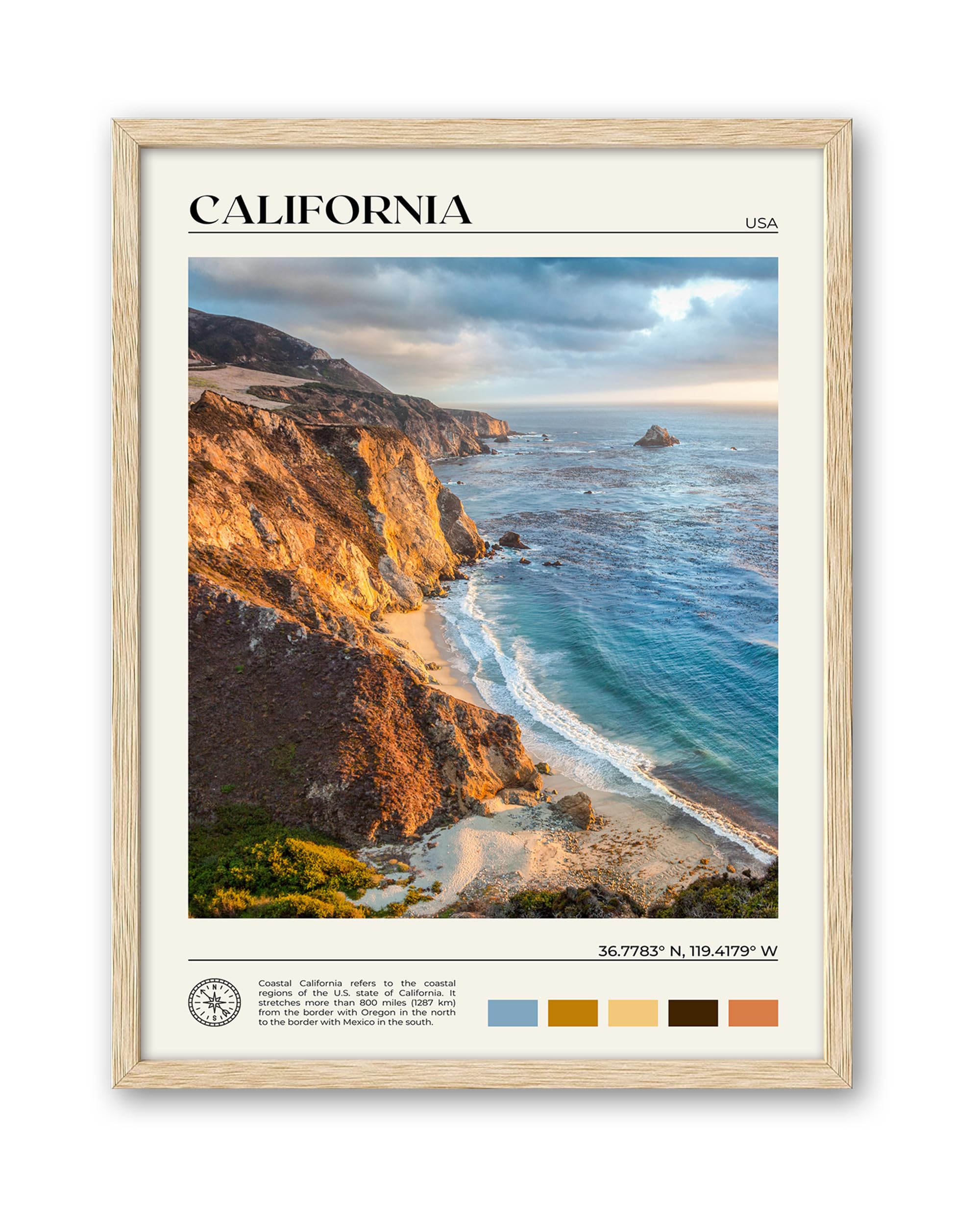 Hesendot Natural Oak Wood Coastal California Refers Framed Wall Art,12X16In Natural Seascape Canvas Wall Print,Classic Urban Lan